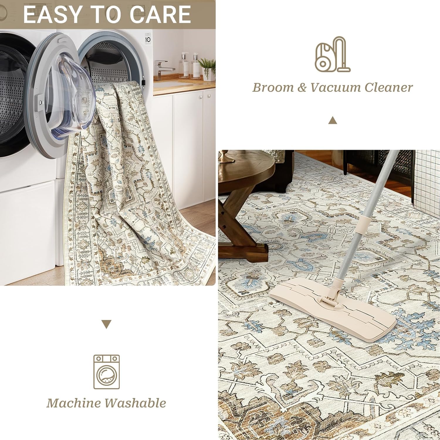 8x10 Area Rug for Living Rooms, Stain Resistant Neutral Washable Rugs for Dining Rooms, Floral Vintage Non-Slip Thin Large Size Area Rugs(Beige) - Image 6