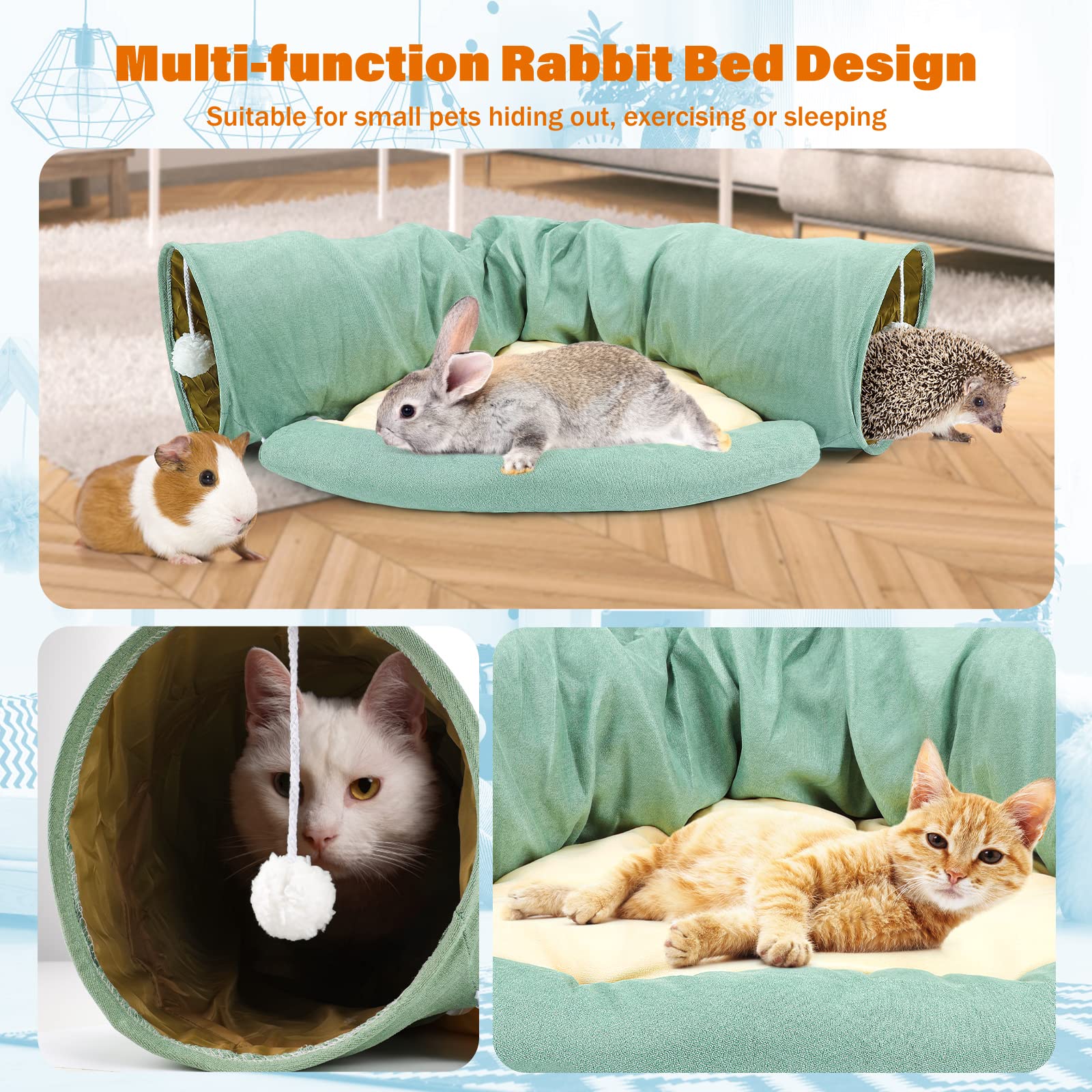 BWOGUE Coniglietto Tunnel Letto, 2-in-1 Pieghevole Coniglio Tunnel Tubi Giocattoli con Stuoia Rimovibile Bunny Hideout per Gatti Gattini, Coniglietti Coniglietti Cavie Gattino