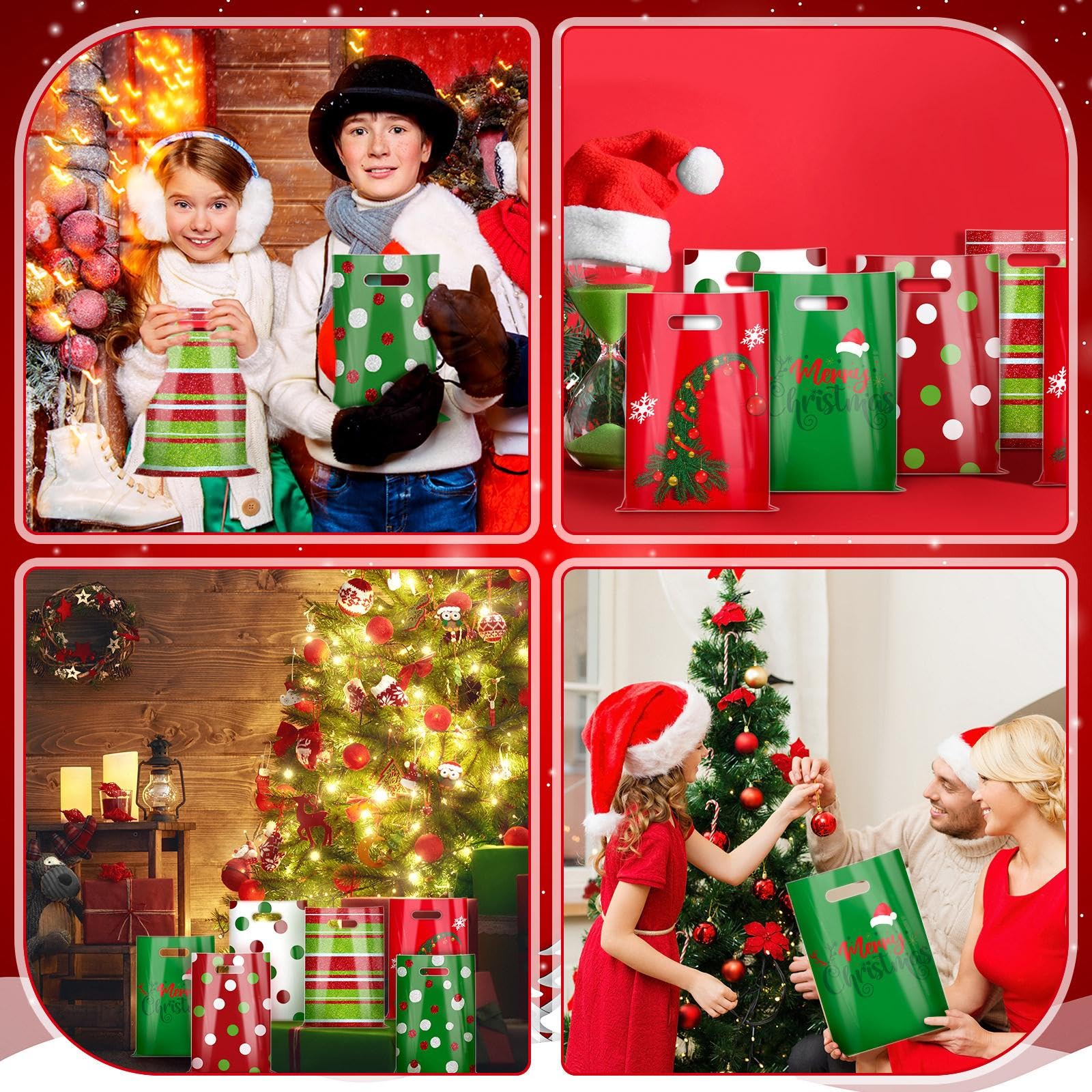 Sinmoe Lot de 200 sacs de Noël en plastique réutilisables avec poignées - 22,9 x 30,5 cm - Pour le shopping, le détail, les fêtes (motif elfe rouge, vert, vert)