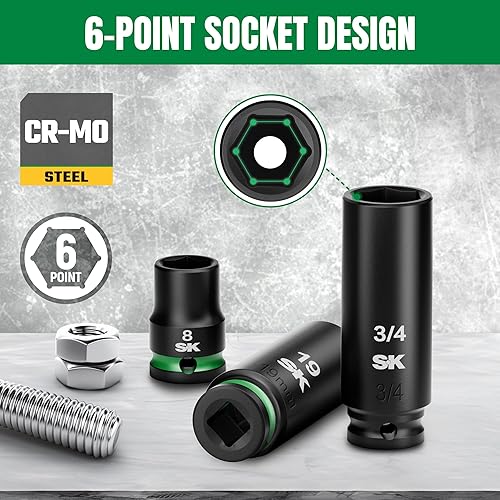 Miniatura 5 de SK Juego de llaves de impacto de 38", 40 piezas de zócalos profundos y poco profundos, métrico 8 a 0.748 in, SAE 516 a 34, acero CR-MO premium,