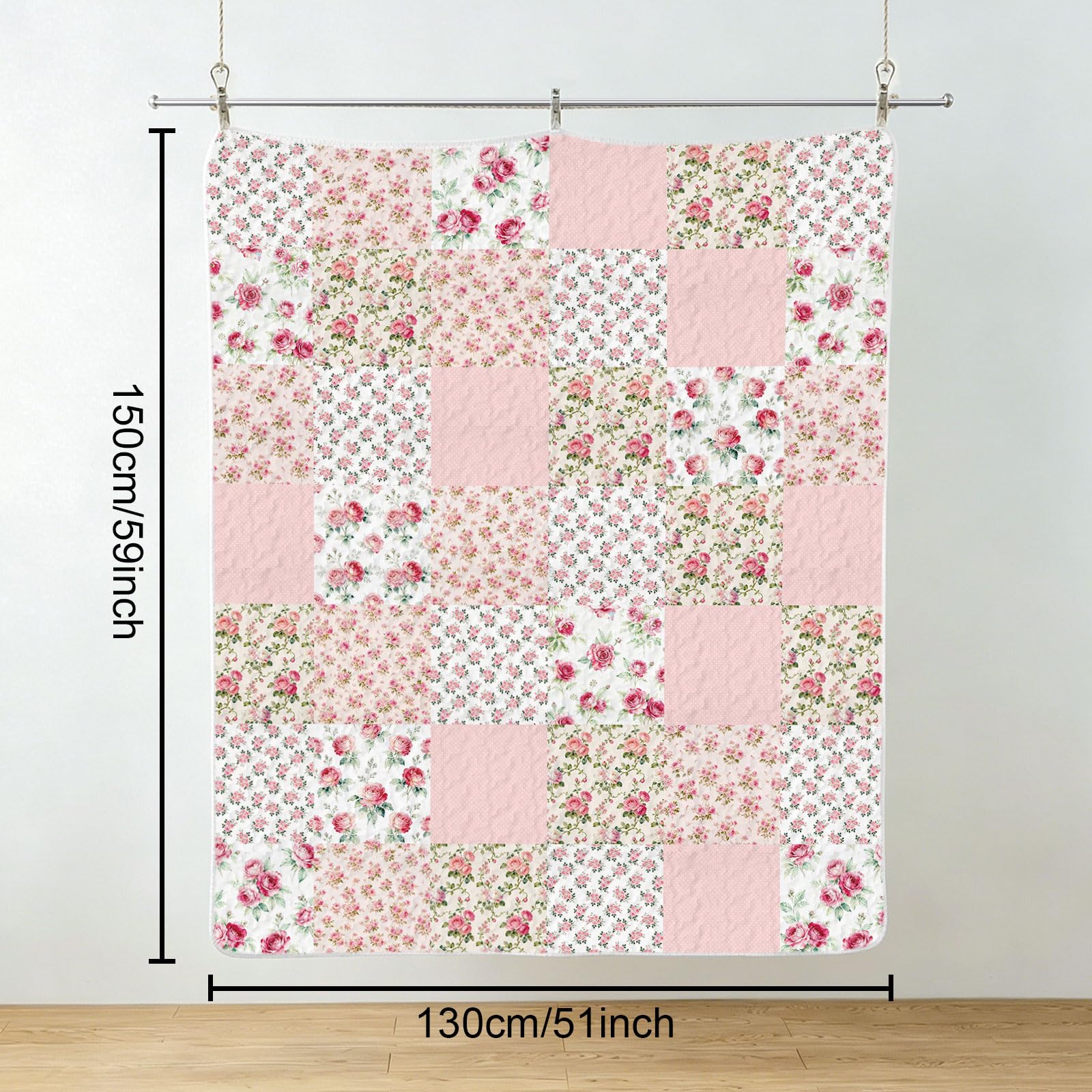GLOBLELAND Rose Gesteppte Tagesdecke 150x130 cm rosa Blume leichte Decke Steppdecke wendbar floral Patchwork für Couch Sessel Sofa Bett Homeoffice Zimmer Geschenk