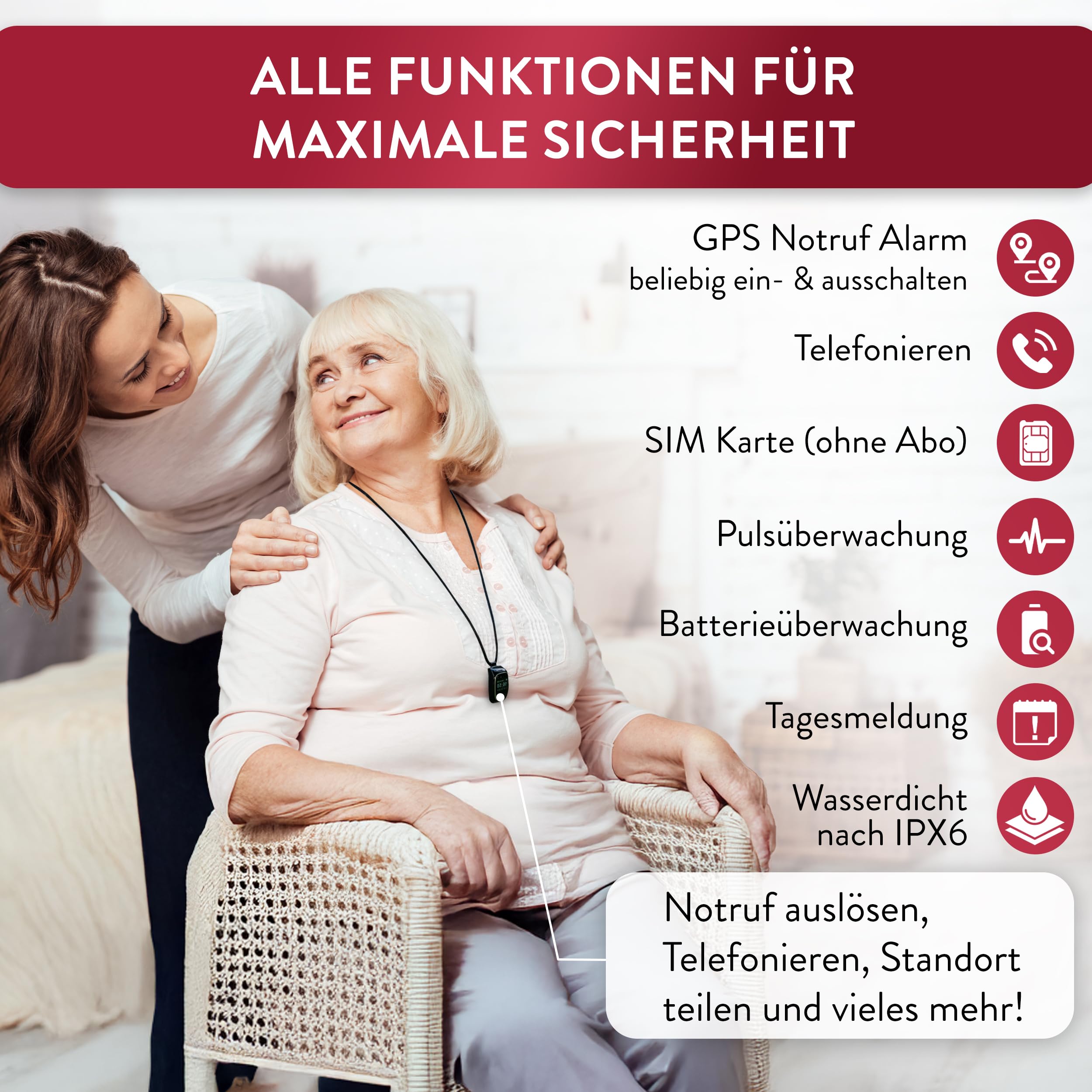 tellimed Carino 4G GPS Notfallarmband Senioren mit GPS Ortung, Telefonfunktion, SIM Slot & ohne ABO - Senioren Notruf Armband & Notrufknopf für Senioren & Erwachsene