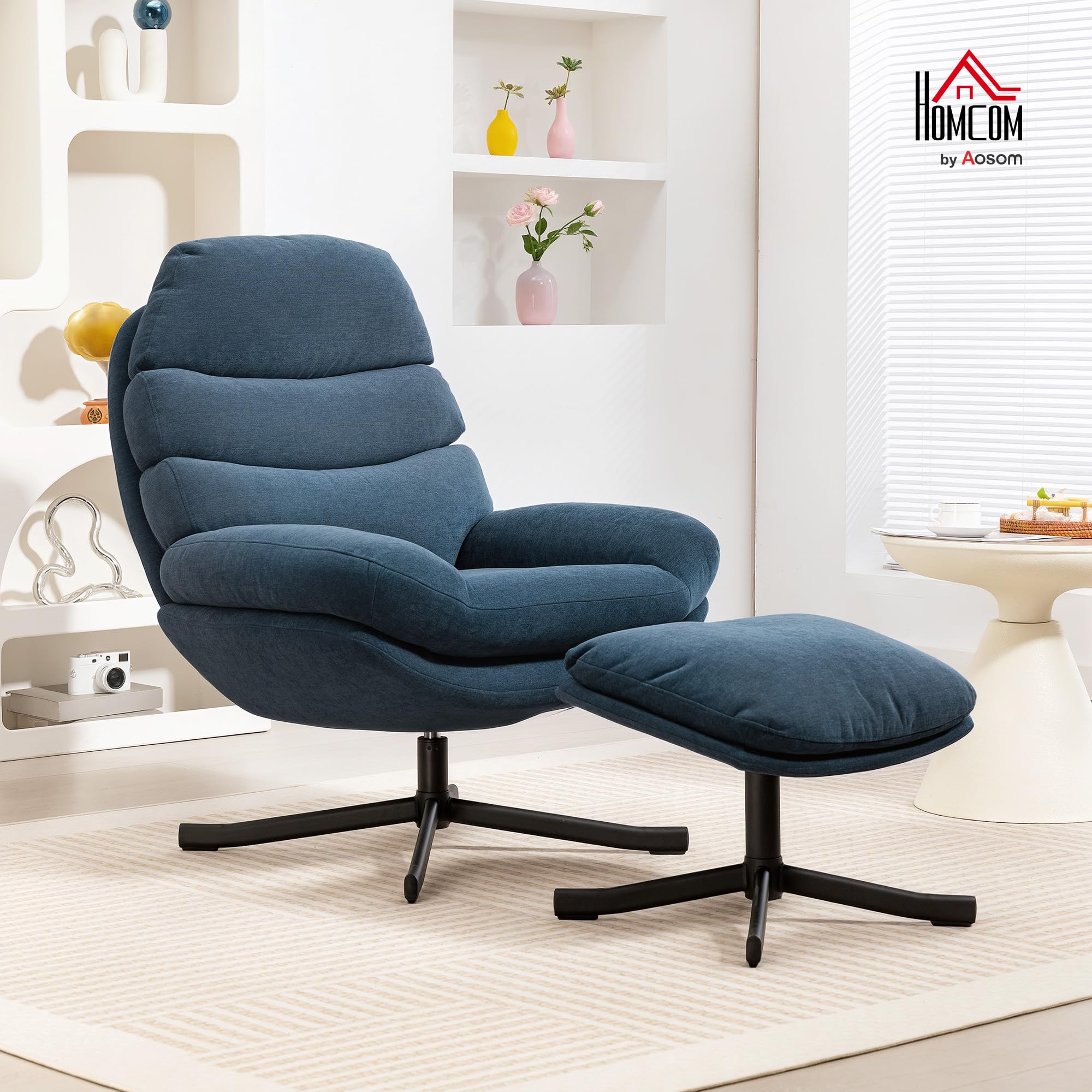 HOMCOM Relaxsessel mit Hocker Sessel Loungesessel mit Chenille-Optik breiter Sitzfläche Drehbar Polstersessel Armlehnensessel für Wohnzimmer, Schlafzimmer, Blau