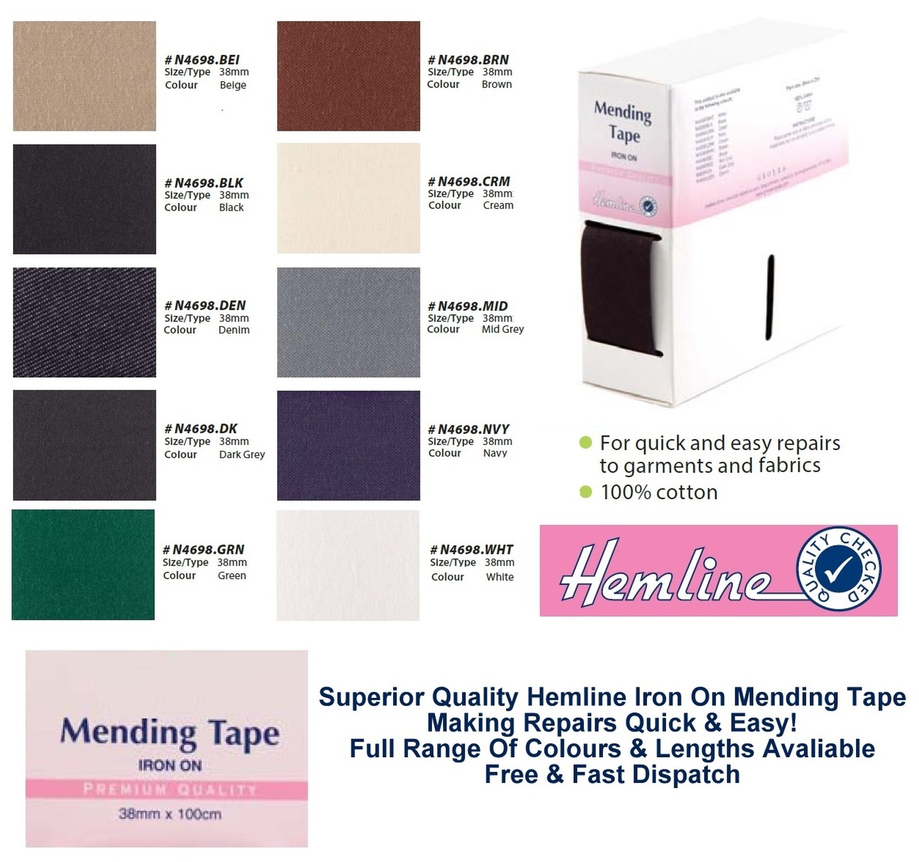 Hemline Black Iron-On Mending Tape: 25M X 35Mm: