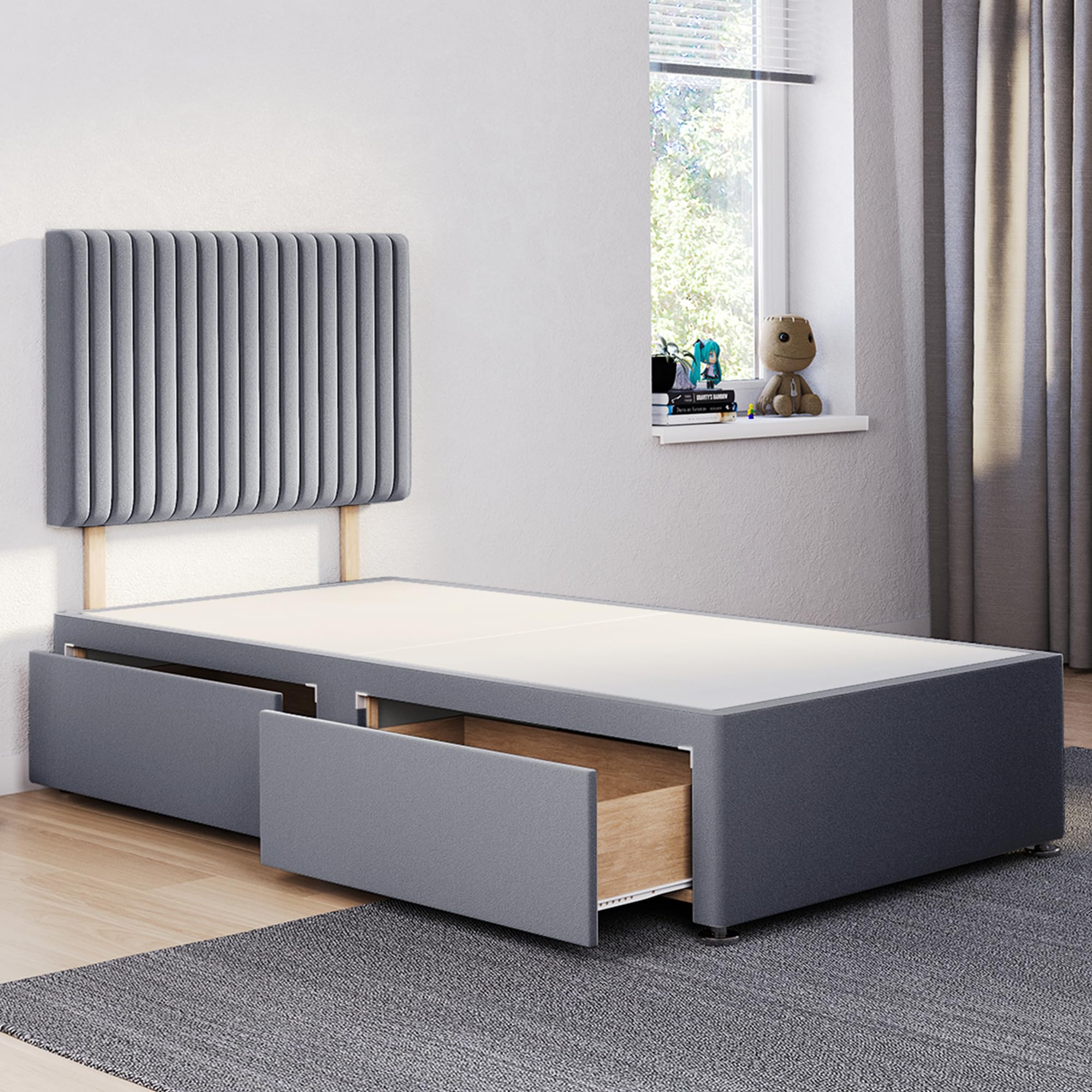 ComfoRest - Sophisticated 3FT Single Divan Bed with 2 Drawers & 24" Malia Headboard | Versatile Frame with Storage and a Sturdy Base for Modern Homes (Grey Plush) — image 1