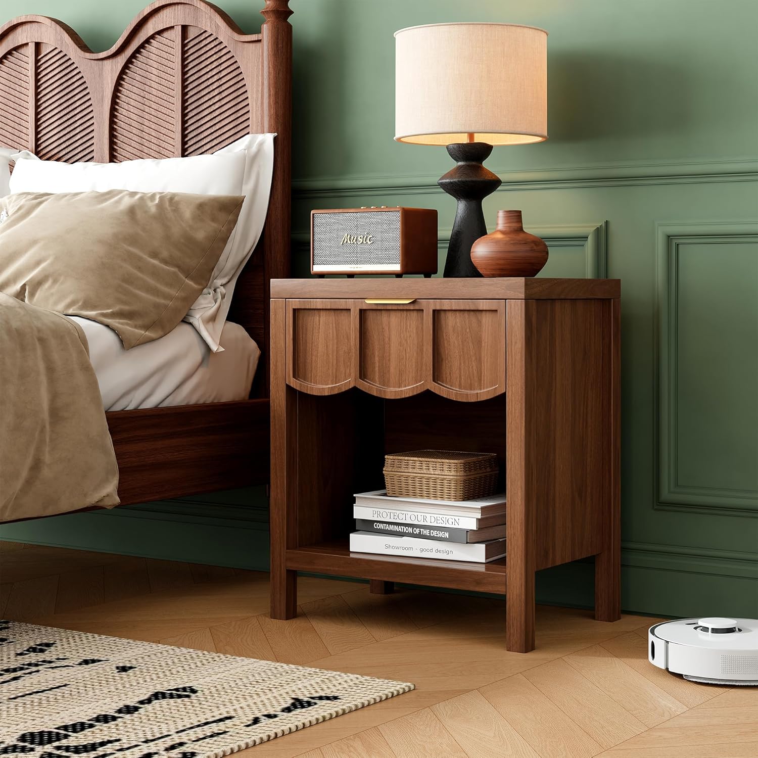 24" Nightstand Set of 2, Solid Wood End Table with Wave Panel Drawer, Mid Century Modern Chest of Drawers, Wooden Side Table Bedside Table for Bedroom, Living Room, Small Space, Walnut Oak