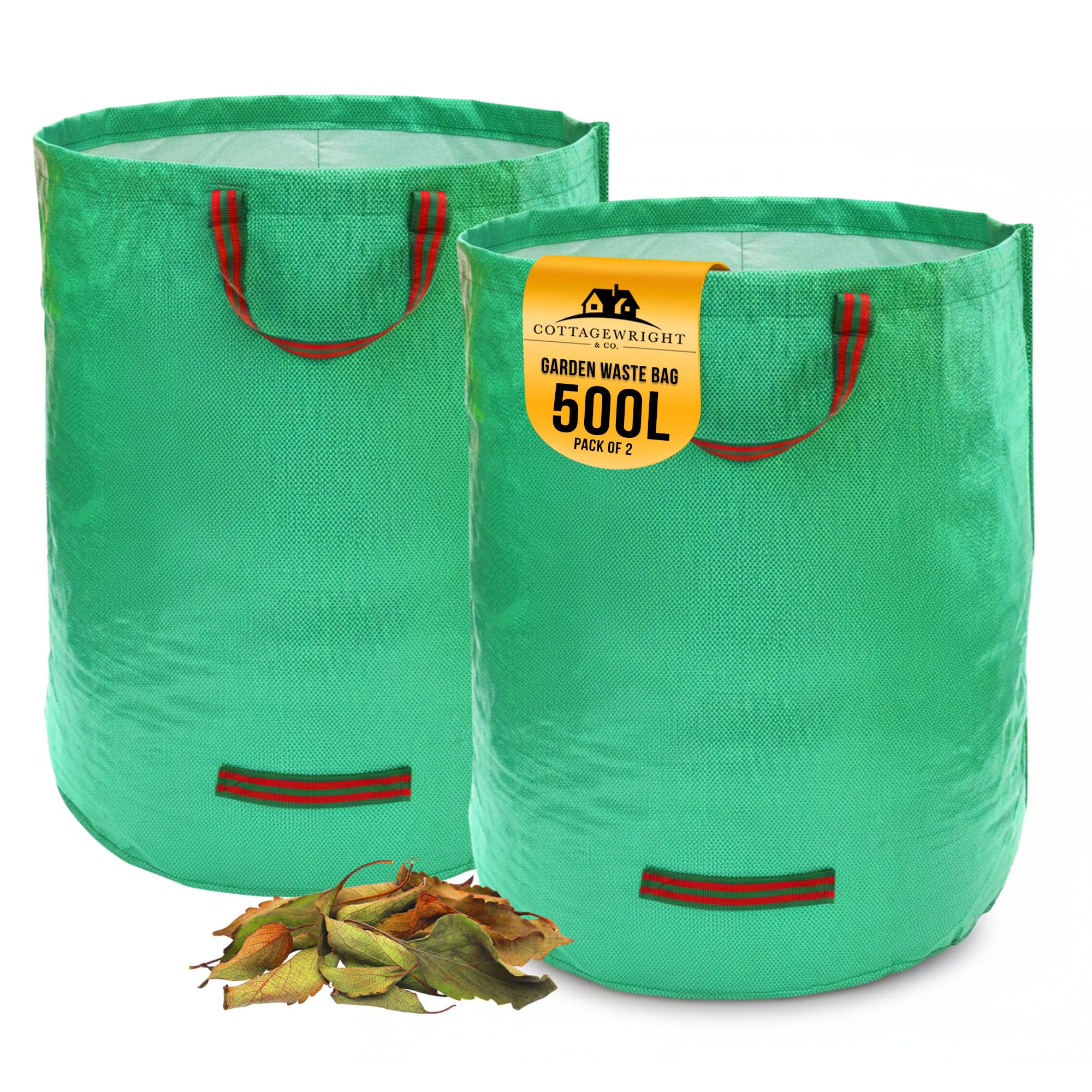 Cottagewright Pack Of 2 - 500L Garden Bags Heavy Duty With Handles - Reusable Garden Waste Bags Heavy Duty For Plant, Grass, Dirt, Leaves Collection, Waste Bags Reusable (Pack Of 2, 500L)