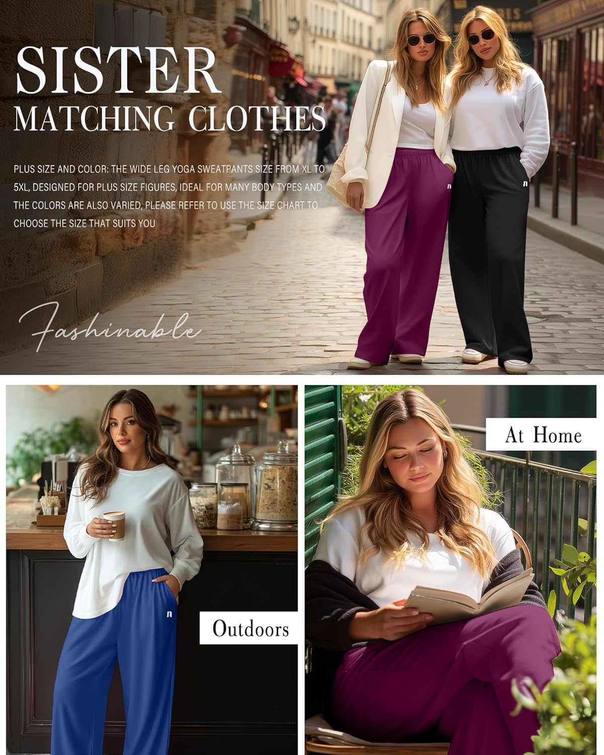 Neer 3 Packs Women's Plus Size Wide Leg Sweatpants High Waist Elastic Waistband Lounge Pants with Pockets - Image 4