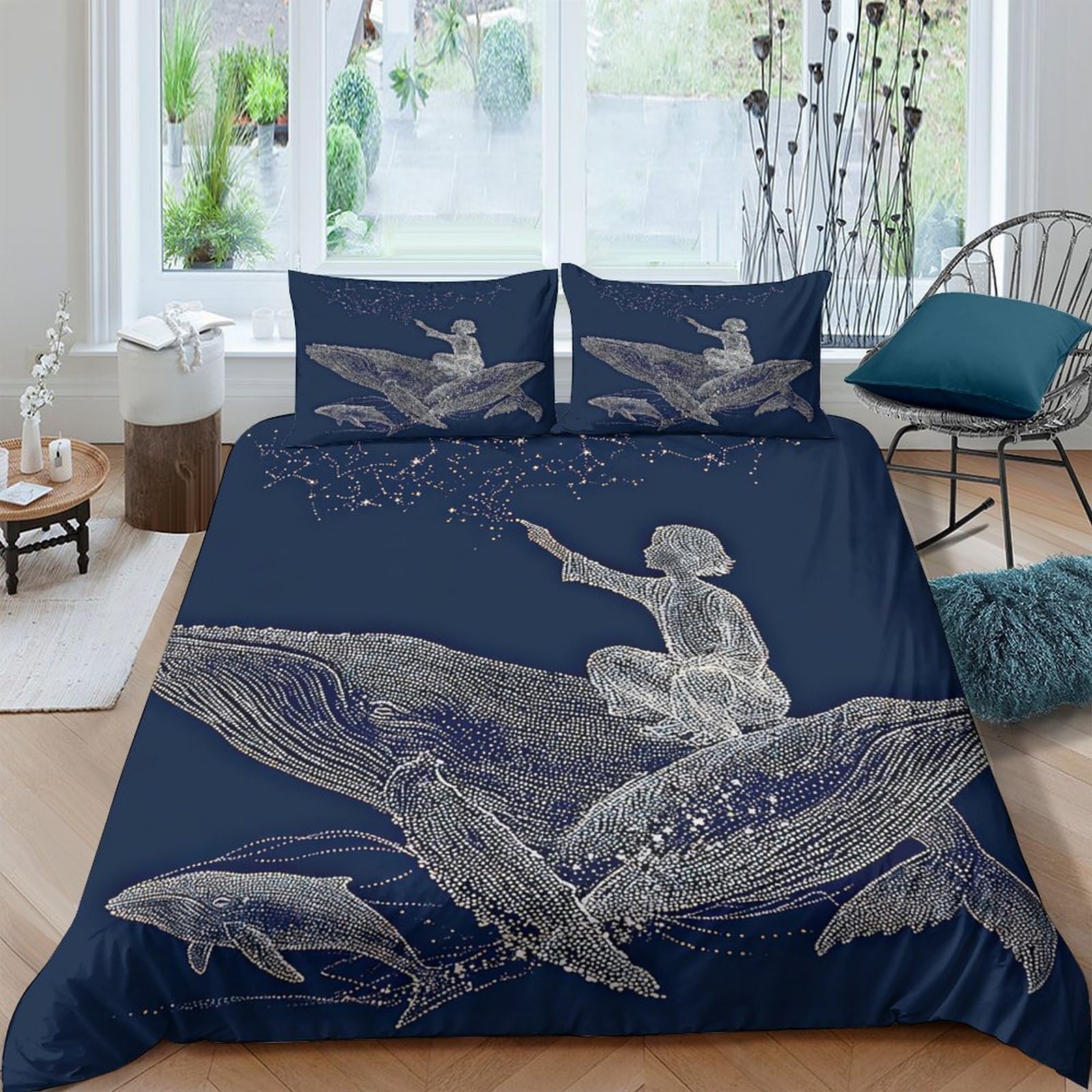 Ctjqhvkz Girls Style-4 3D Printed Ocean Whale Fitted Sheet Microfiber Soft Blue Fantasy Sea Mattress Cover For Bedroom Guest Room Decor Single（135X200cm）