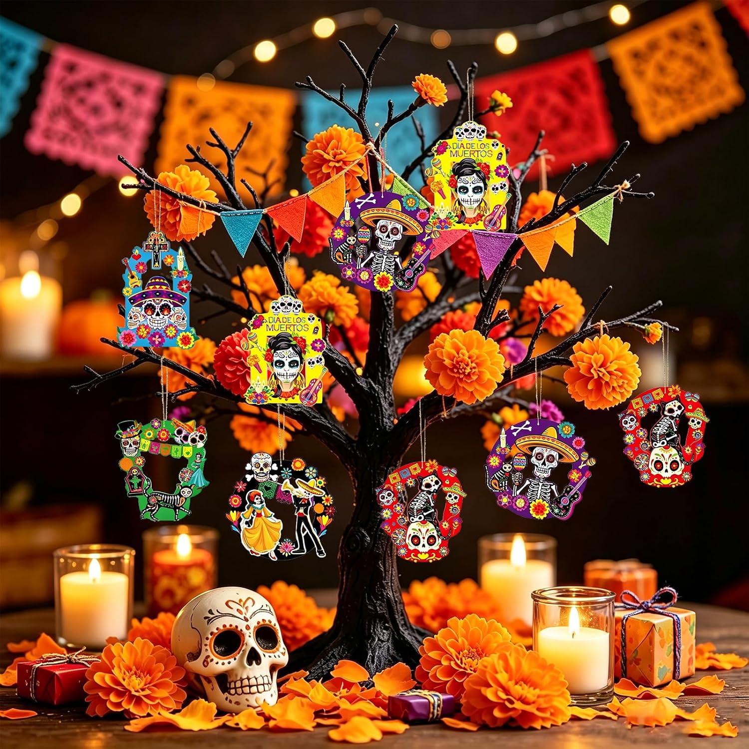 Qpout 12 Pack Day of The Dead Art Craft Kits,DIY Dia De Los Muertos Hanging Ornaments with Ribbon and Sugar Skull Paper Card Decoration for Halloween Mexican Party Favors Supplies image 3