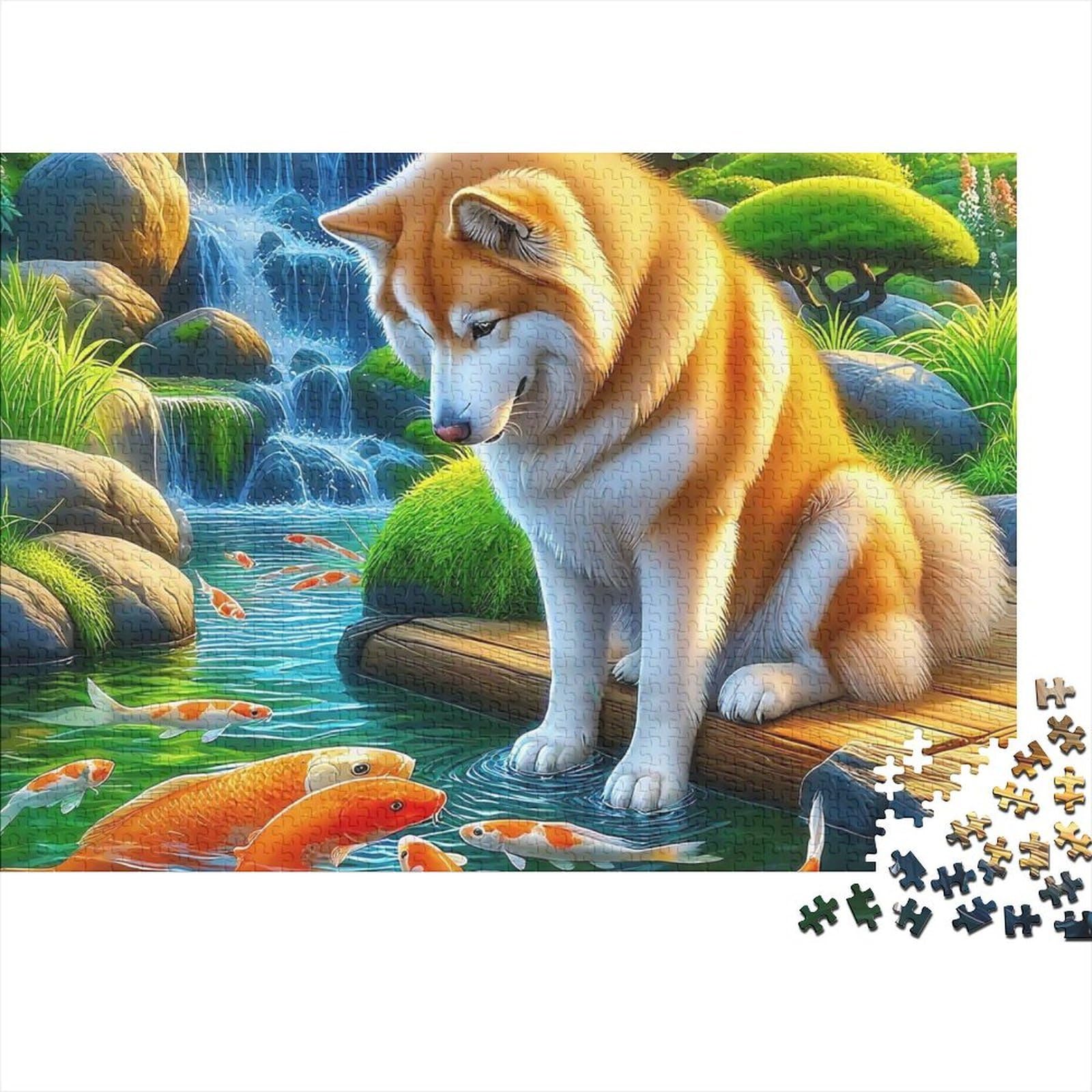 1000 Pieces Japanese Shiba Inu Koi Jigsaw Puzzle for Adults Paper Brain Exercise Koi Dog Puzzle Home Wall Decor 70x50cm/1000pcs