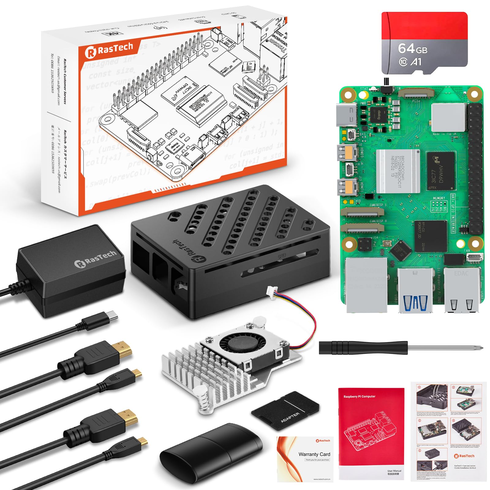 RasTech Raspberry Pi 5 4GB Starter Kit with 64GB SD Card Pi 5 Case
