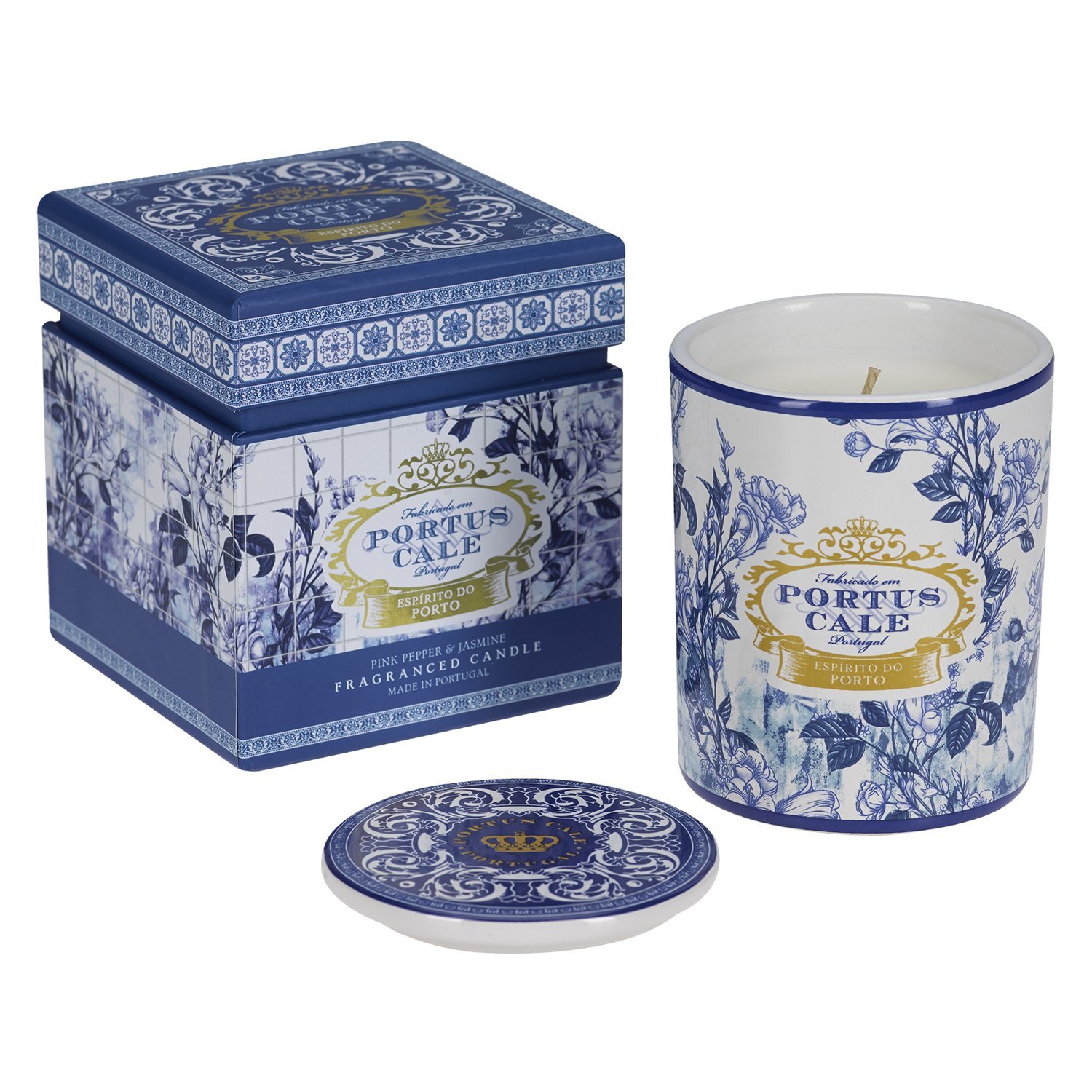 Portus Cale, Gold & Blue Signature Fragrance Candle in a Luxury Vase and Boxed, Pink Pepper and Jasmine Scented Candle 228g