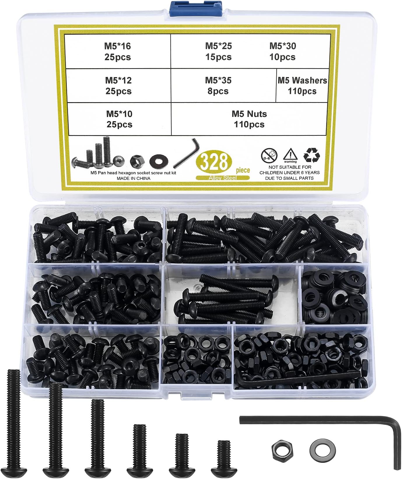 328 Pcs Button Head Screws Bolts and Nuts and Washers, Hex Socket Cap Machine Screws Nuts and Bolts and Washers Assortment Kit, Black Alloy Steel, Allen Hex Drive, M5 x 10/12/16/25/30/35mm