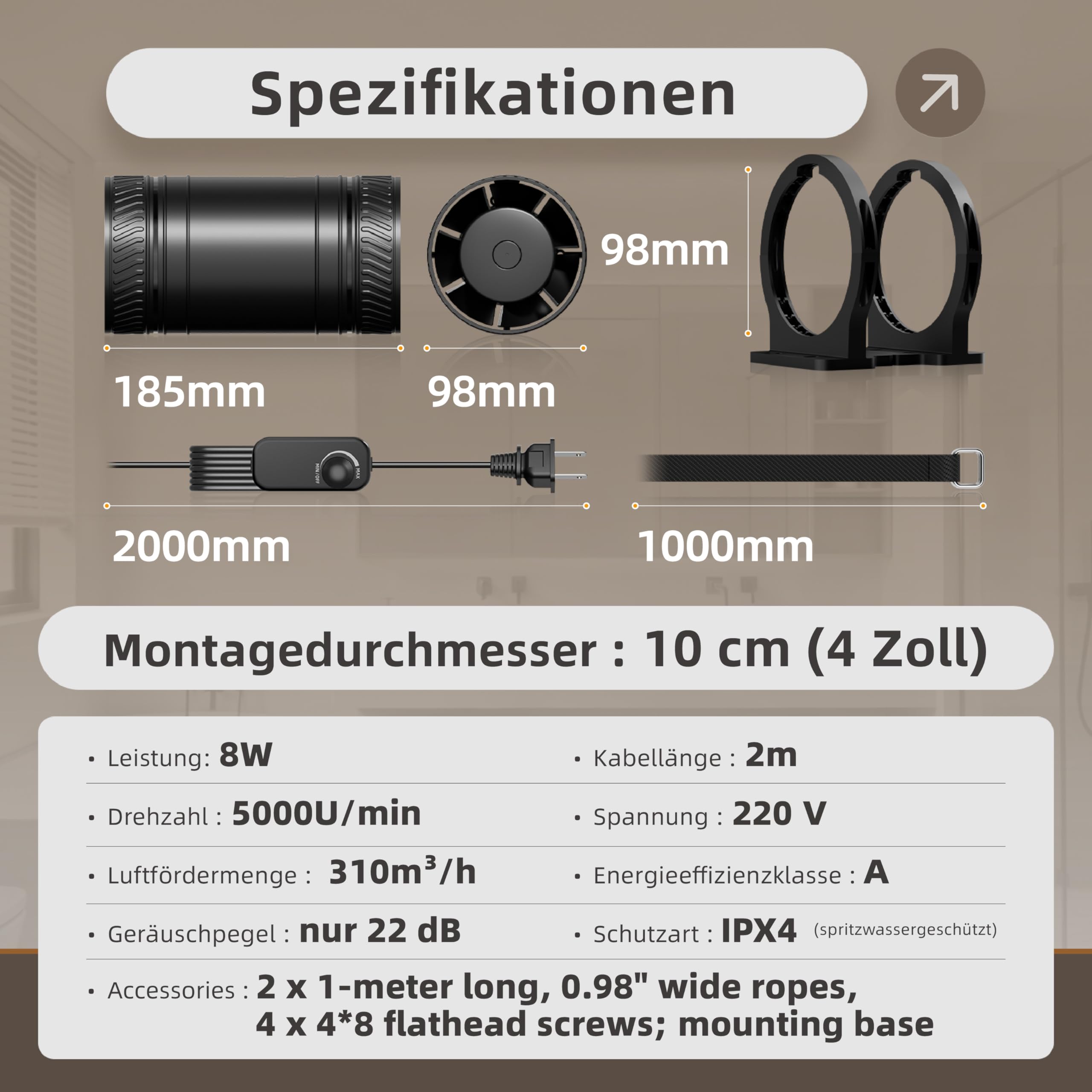 MOCINE 100mm Rohrventilator mit Drehzahlregler, Montagebasis, 310m³/h | Mit Aufhängeseil, Leiser Inline-Lüfter für Bad, Keller, Dachboden, Growzelt und Wohnmobil, PC+ABS, BLDC-Motor