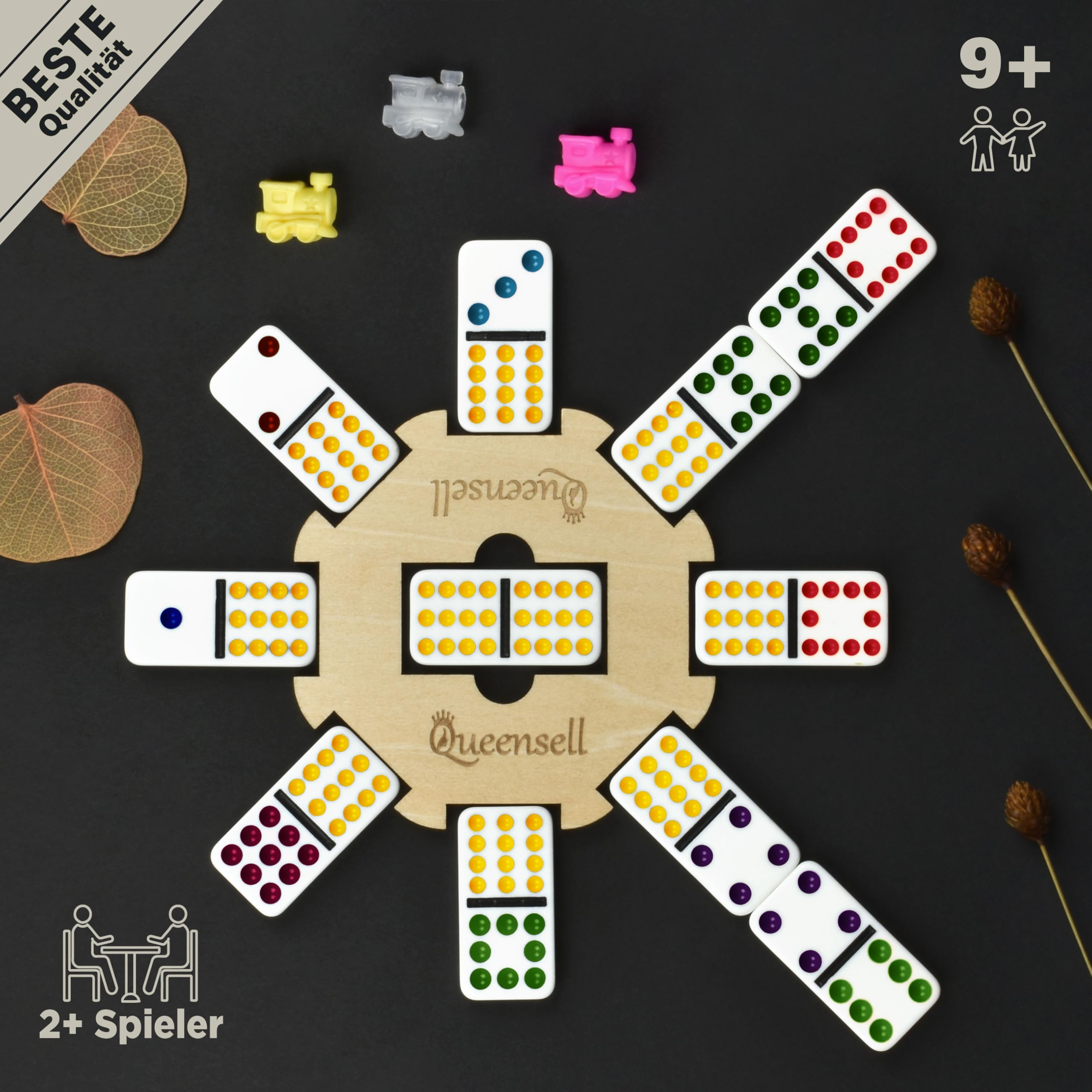 Queensell Mexican Train Domino-Set mit Holzmittelstück, Domino-Brettspiele – Doppel-12 Domino-Set für Familienspieleabende für Erwachsene und Kinder ab 8 Jahren