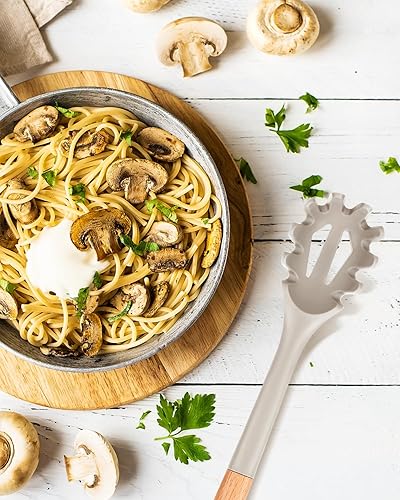 Miniatura 5 de Tenedor de silicona para pasta, servidor de cuchara de fideos resistente al calor, colador de espagueti sin BPA, 12.8 pulgadas (caqui)