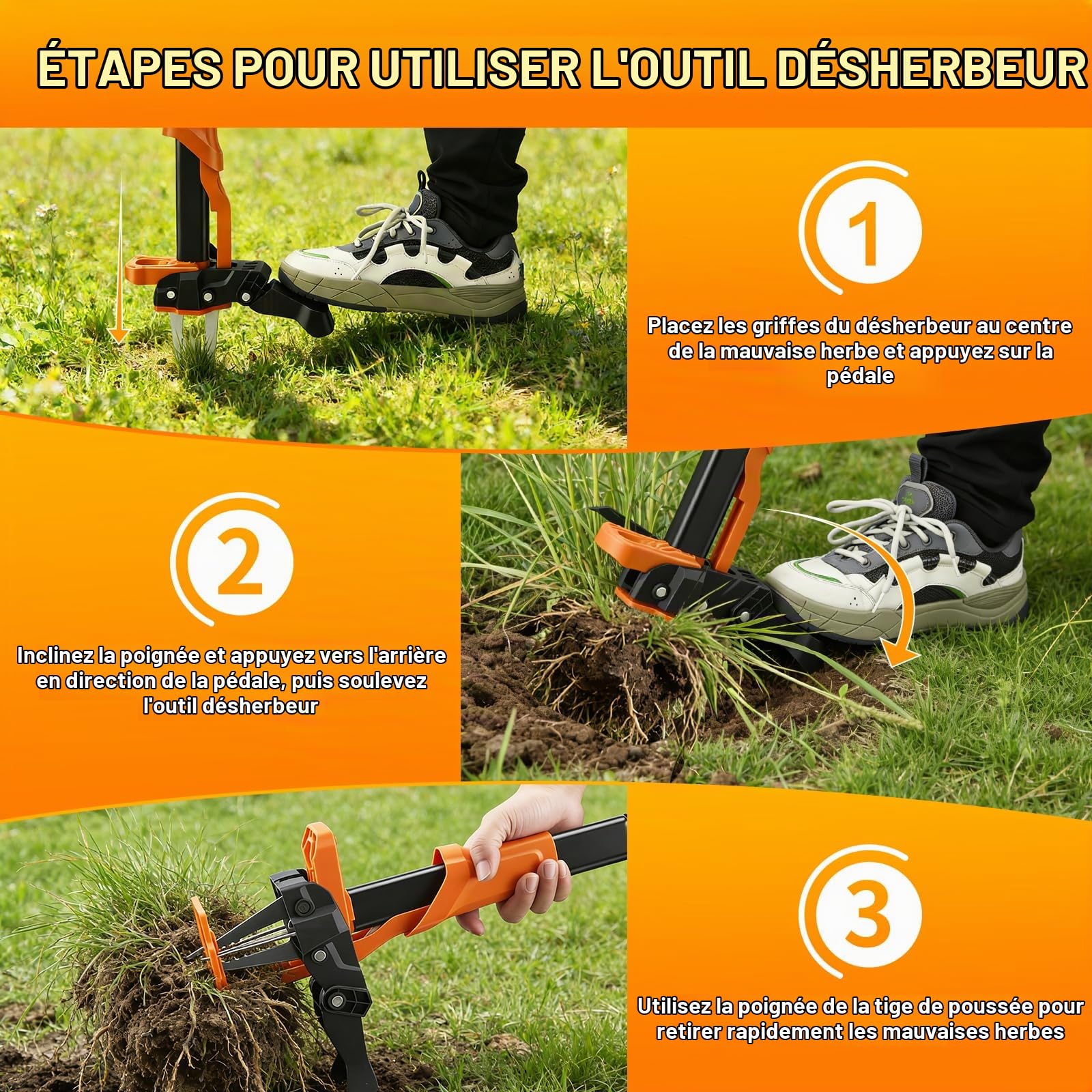 Désherbeur Manuel et Extracteur de Mauvaises Herbes avec sac de jardin de 50l, Longueur 100cm, 4 Griffes arrache-Racines en Acier en Outil de Désherbage Longue Manche pour Enlever Mauvaises Herbes