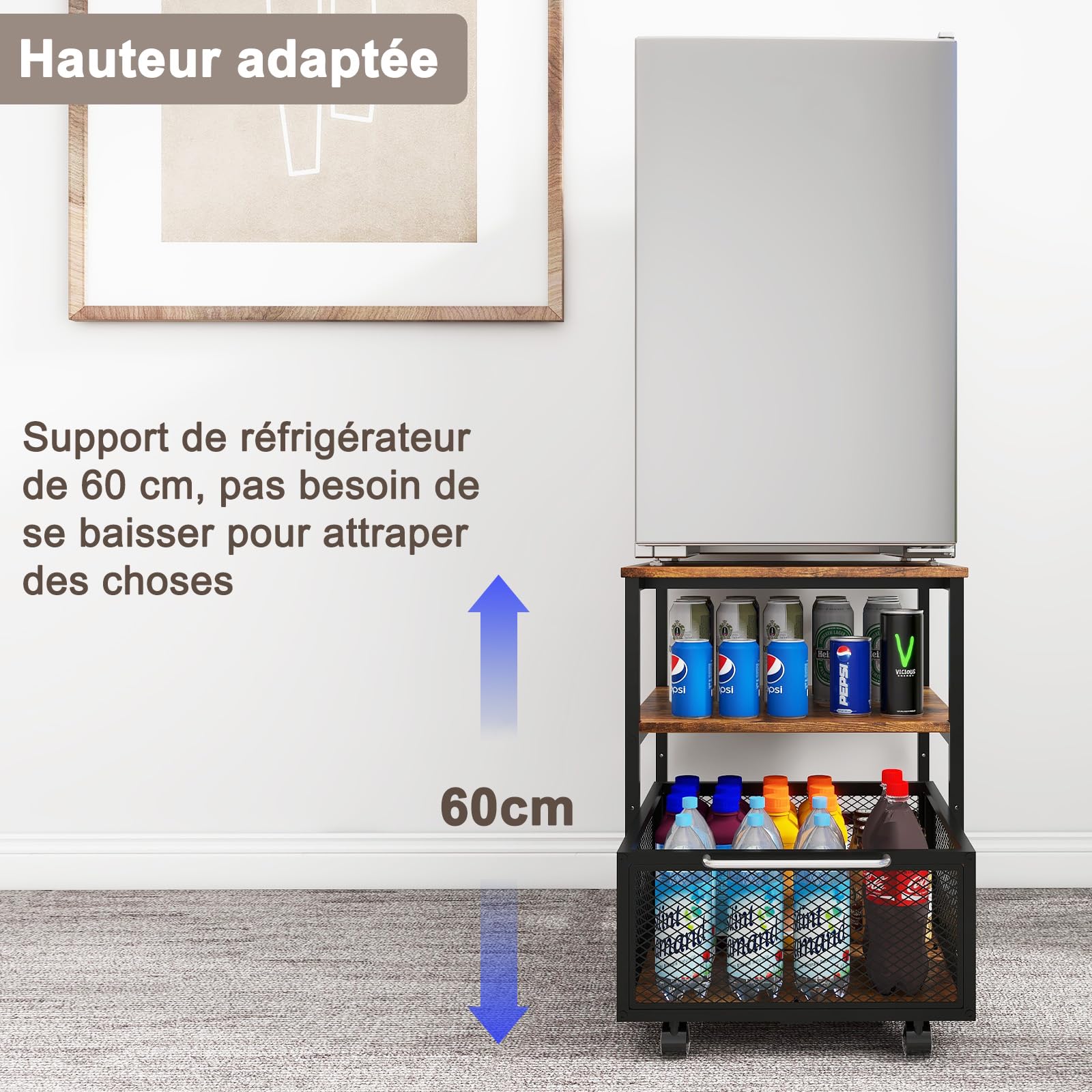PUNCIA Support de Réfrigérateur 50x50x60cm avec Panier à Tiroir Roulant Plateau de Mini Frigo Portable Armoire à Café avec Grande Capacité Étagère Debout Table pour Chambre Cuisine(Marron)