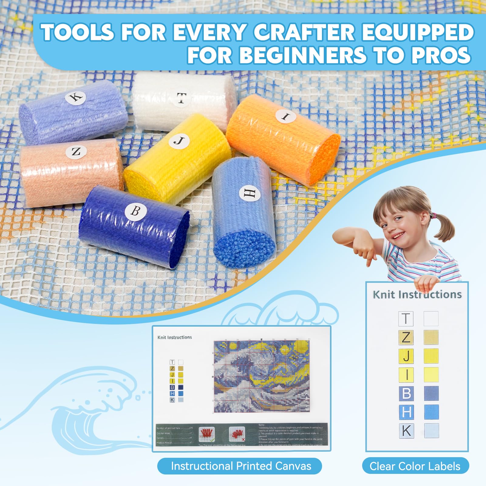 EsLuker.ly Latch Hook Rug Kits for Adults Kids Beginners DIY Crochet Rug Making Kit with Printed Cats Patterns Canvas Yarn Carpet Embroidery Crafting Arts - Image 4