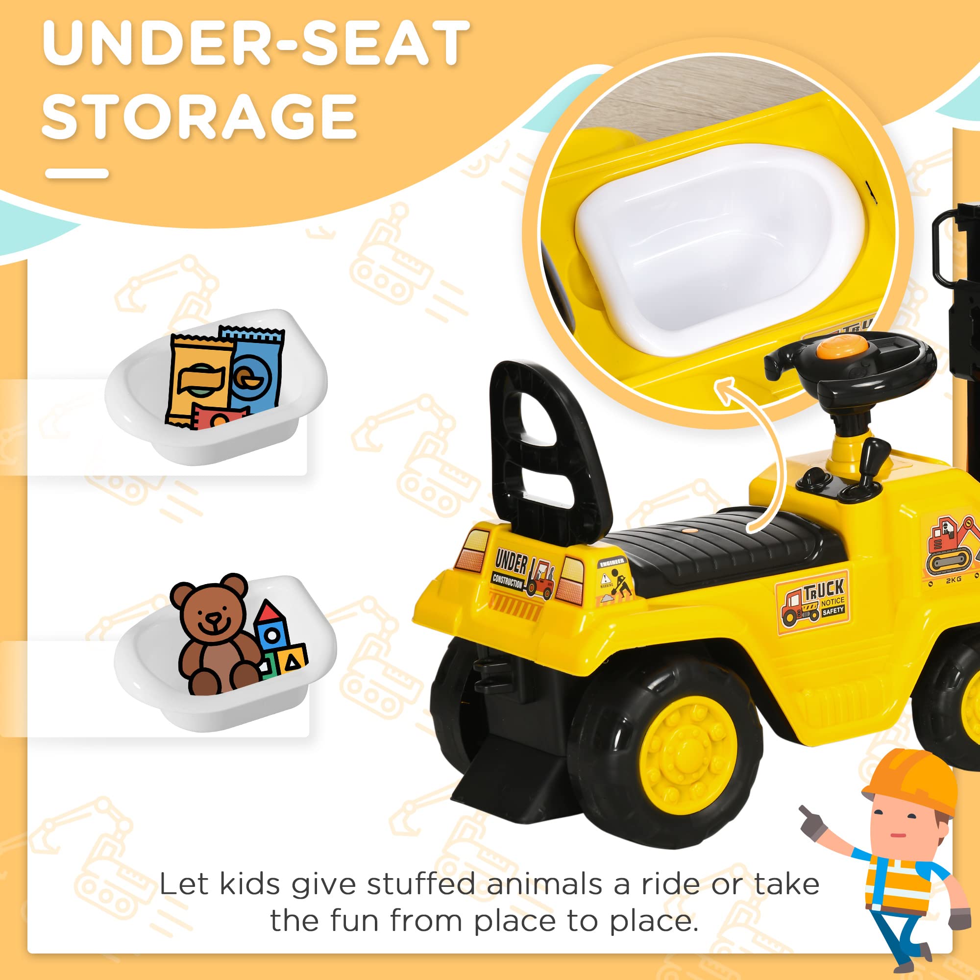 HOMCOM Traktor für Kinder von 3-4 Jahren mit Gabelstapler, Knopf für Geräusche und versteckter Stauraum, aus PP und ABS, 86 x 27,5 x 47,5 cm, Gelb und Schwarz