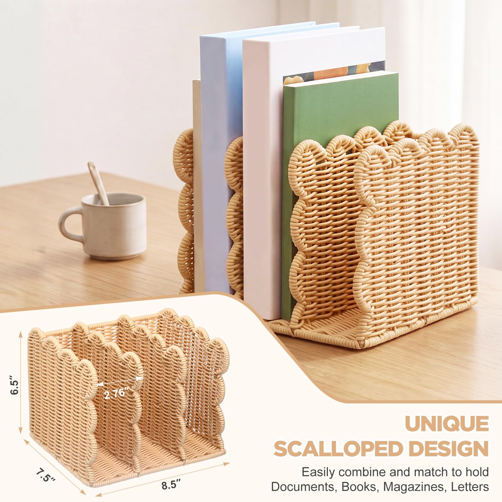 Suzile Zeitschriftensammler mit gewelltem Rattan-Imitat, 3 Fächer, Schreibtisch-Organizer, vertikale Buchstützen-Organisation für Büro, Ordner, Dokumente, Tablets, Zeitschriften, Bücher (21,6 x 18,3 x