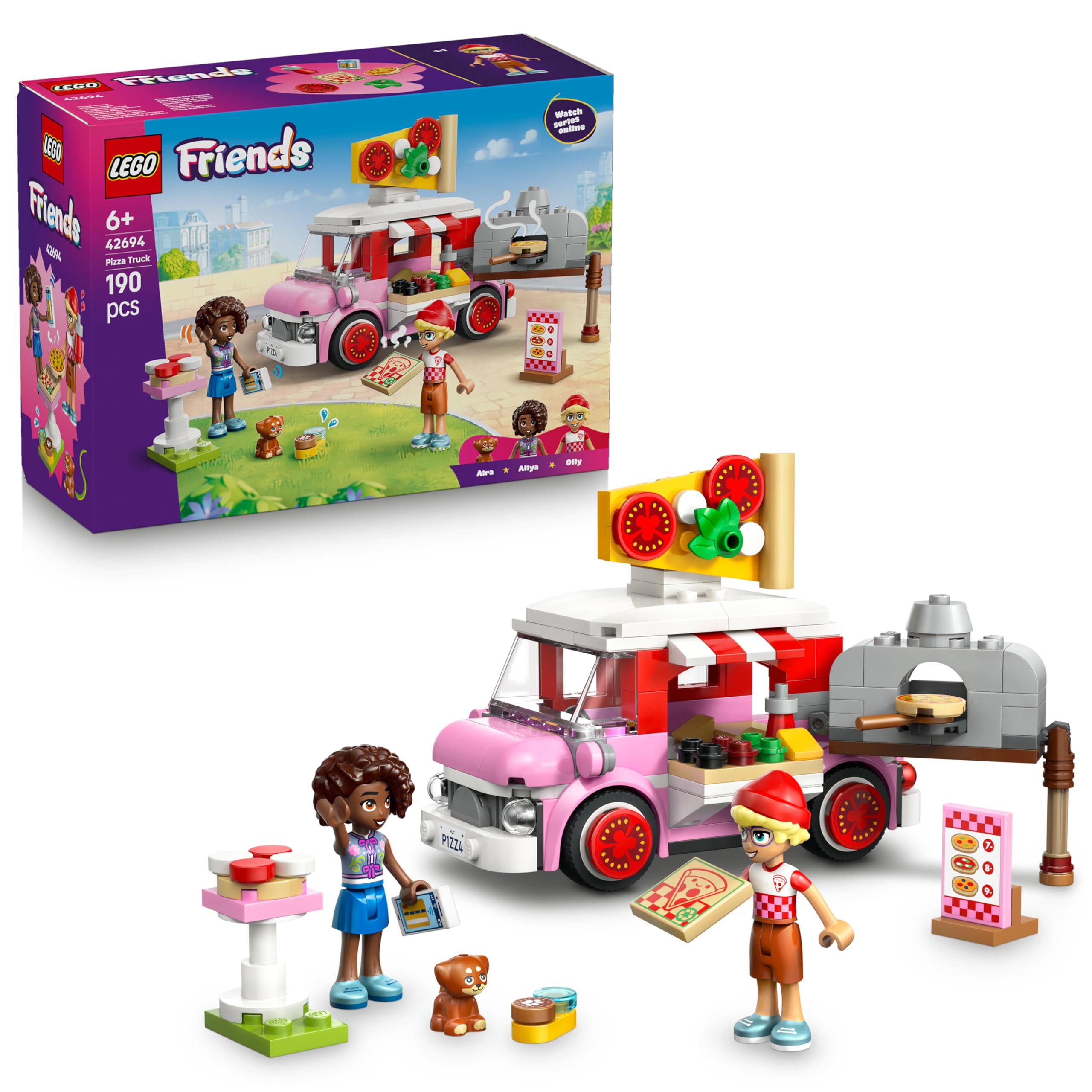LEGO Friends Pizza Truck Toy - Role-Play Set w/ 2 Mini Dolls, Pet Dog Figure & Play Food Accessories - Birthday Gift Idea for 6+ Year Old Girls - 42694