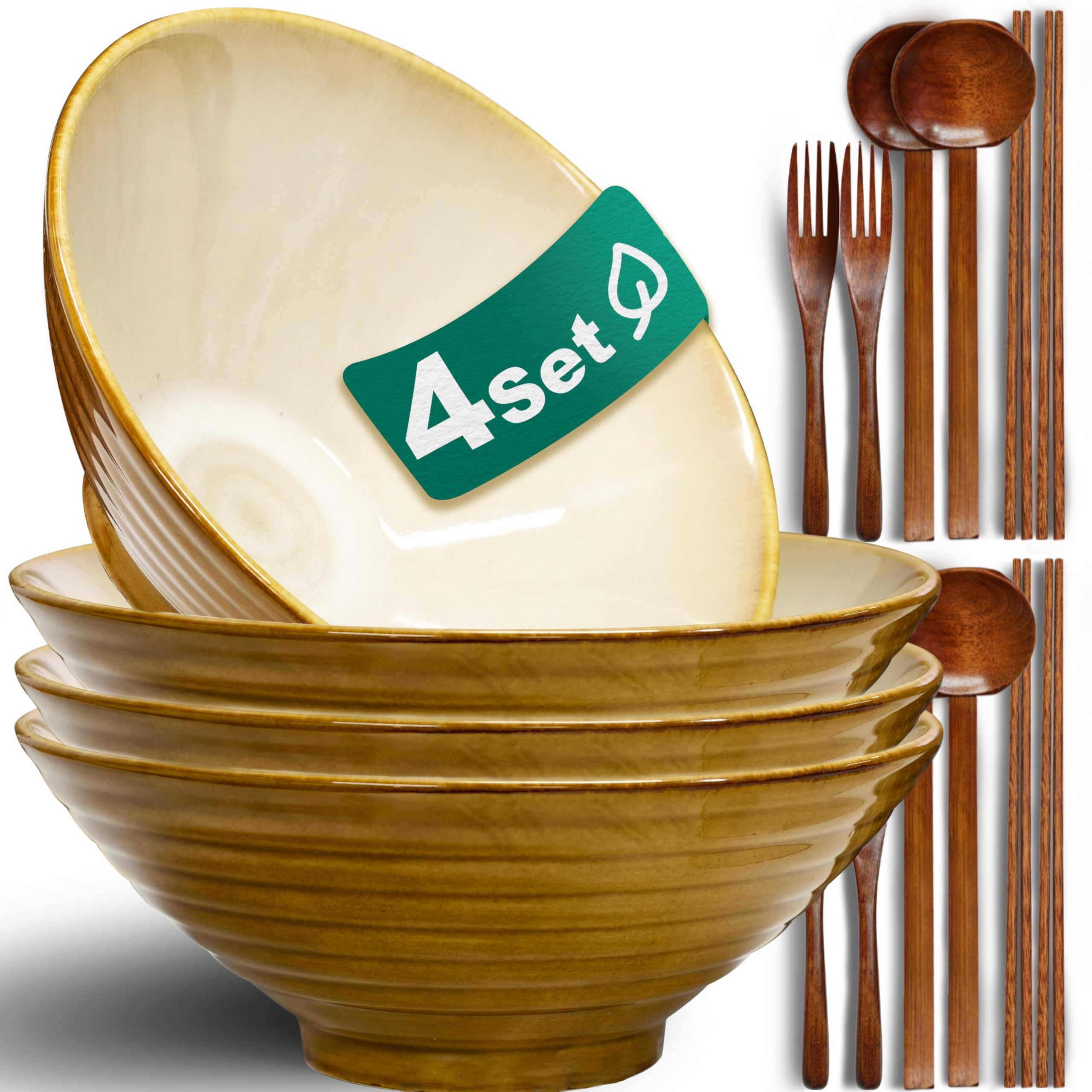 8-Inch 4 Sets Ceramic Ramen Bowl (16 Piece) - Japanese Porcelain Dishwasher Microwave Safe Salad Noodles Cereal Pasta Soup Large Bowls with Chopsticks Forks Spoons for Men Women Housewarming Gift