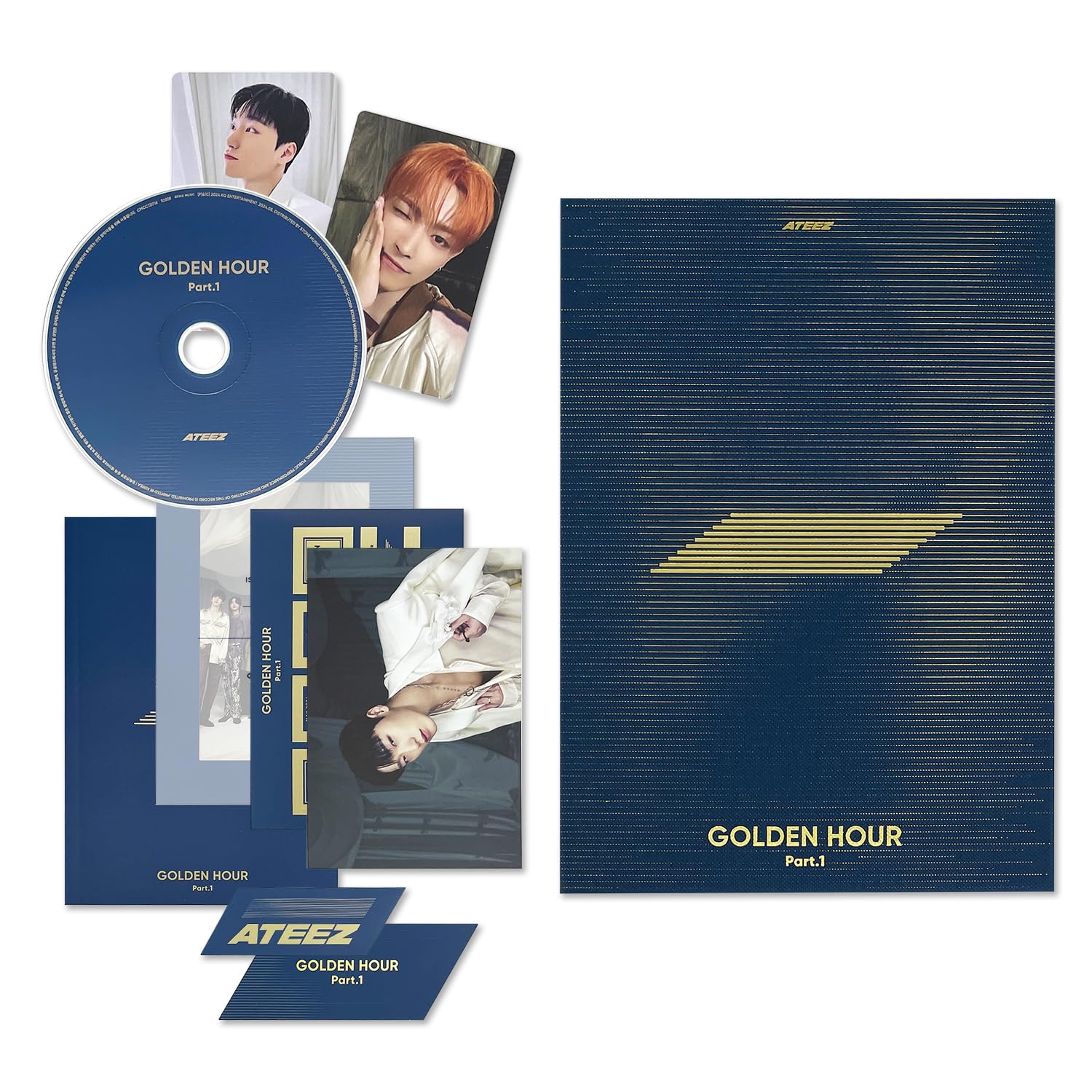 ATEEZ - [GOLDEN HOUR : Part.1] (BLUE HOUR Ver.) Invitation + Photo Frame + Postcard Set + Envelope + Photobook + Postcard + Photocard + Sticker + Bookmark + Disc + 2 Pin Badges + 4 Extra Photocards