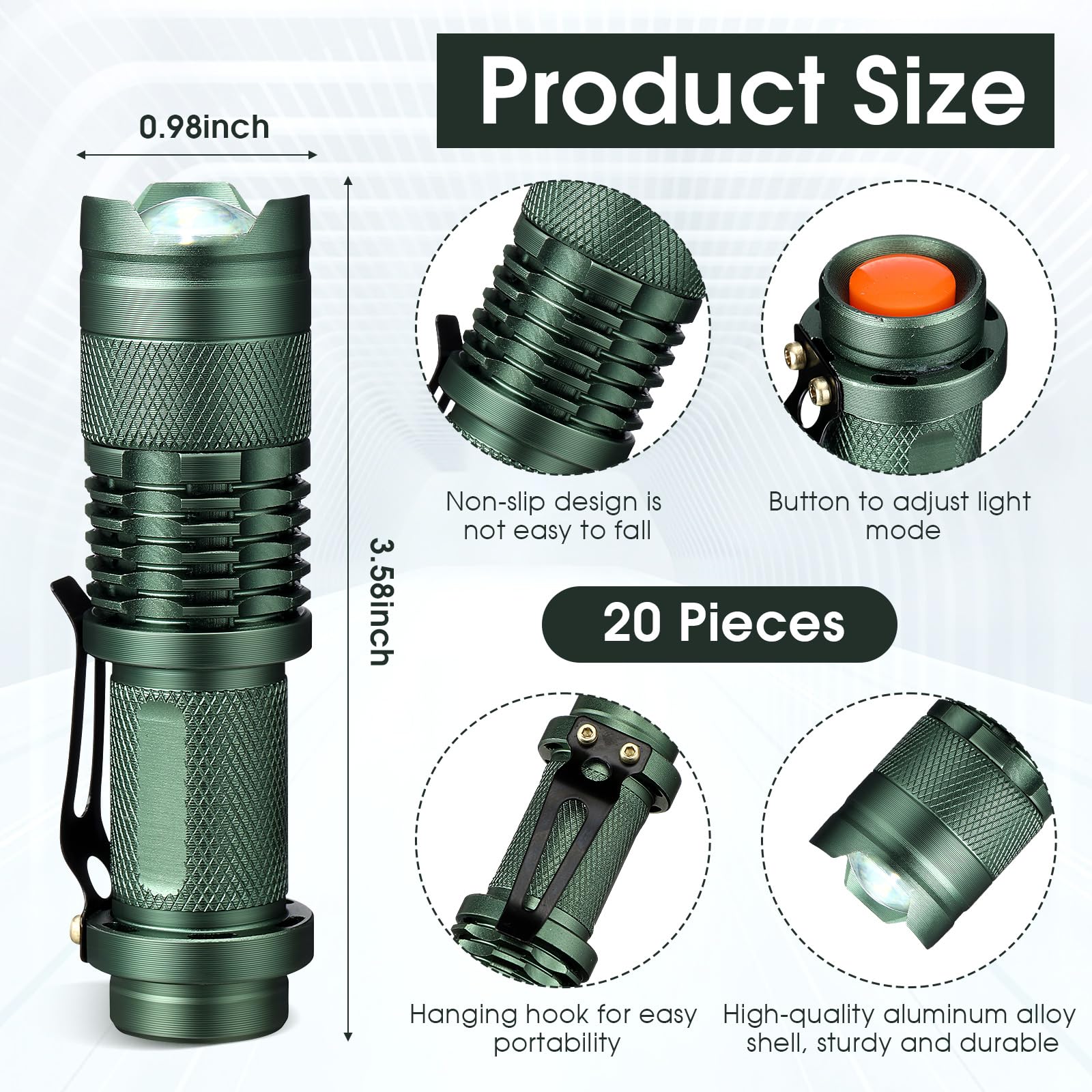 Fumete 20 linternas LED mini 3 modos, linternas tácticas pequeñas resistentes al agua, lámpara táctica de bolsillo, enfoque ajustable, linterna con zoom para interiores y exteriores (verde oscuro)