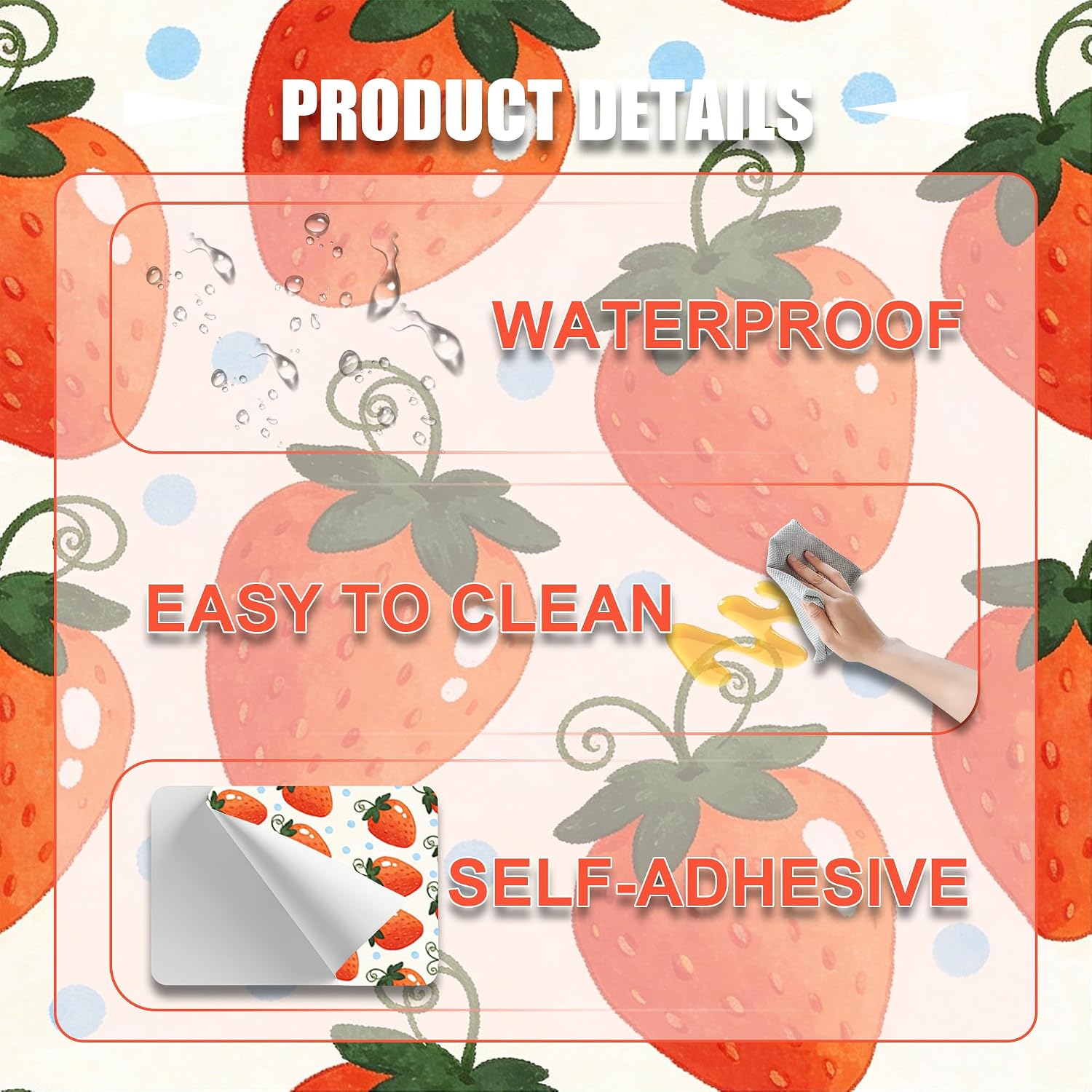 Cute Strawberry Peel and Stick Wallpaper, Removable Self-Adhesive Fruit Wall Paper Renter Friendly Contact Paper for Girls Nursery Bedroom Wall Decor (Cute Red Strawberries, 17.7x118 in)