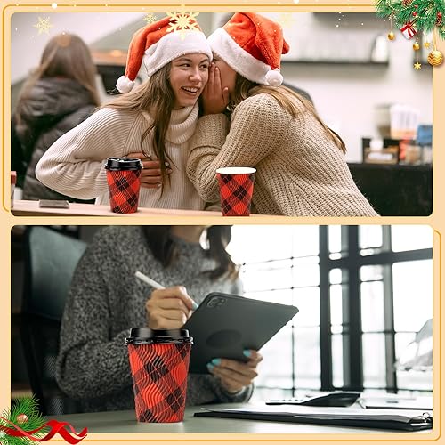 Miniatura 5 de 100 tazas de Navidad con tapa, tazas de café desechables de 12 onzas a granel, tazas de papel de pared onduladas aisladas, tazas de té navideñas