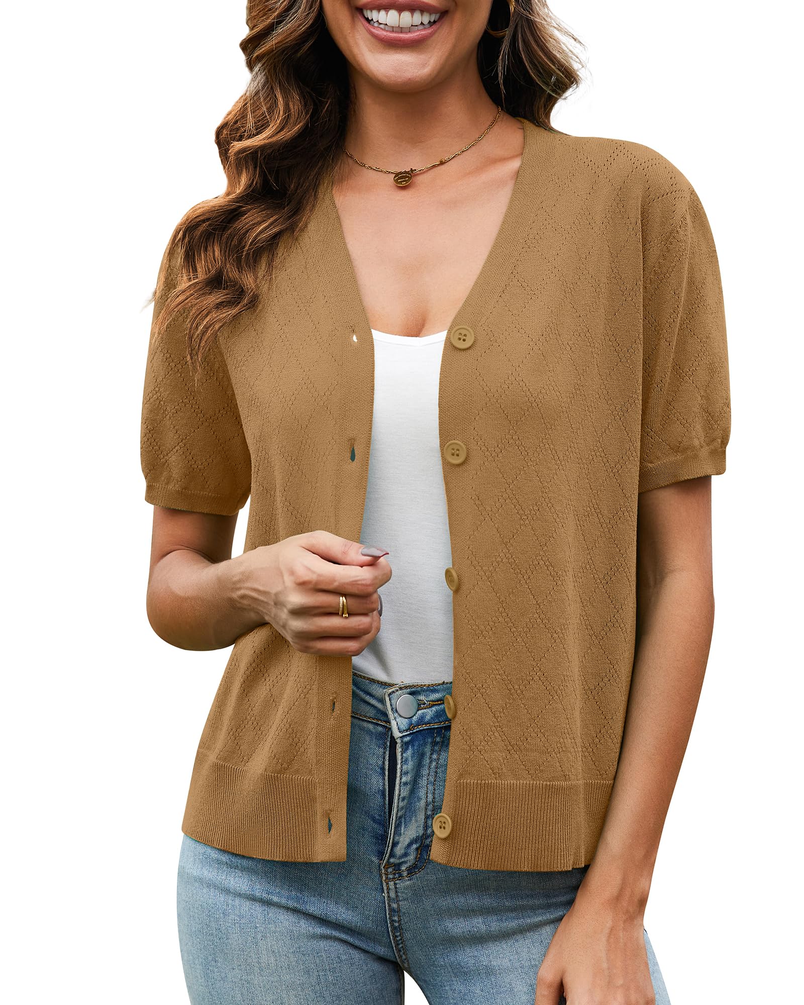 VIISHOW Short Sleeve Lightweight Summer Cardigan for Women, Button Down Open Front V Neck Crochet Knit Cropped Bolero Shrugs