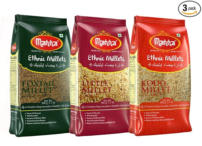 Manna Millets 1.5Kg Combo Pack of 3, Unpolished Millets, Siridhanya,Certified Low GI, Foxtail 500g, Kodo 500g, Little 500g. Natural Grains