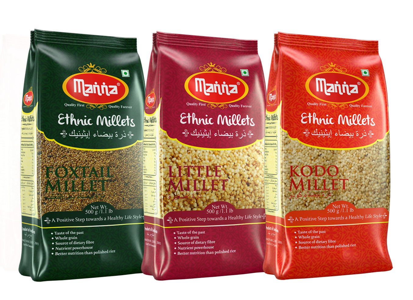 Manna Millets 1.5kg Whole Grains Combo Pack of 3, Foxtail, Kodo, Little Certified low GI. Unpolished, Natural Grains 500g (pack of 3)