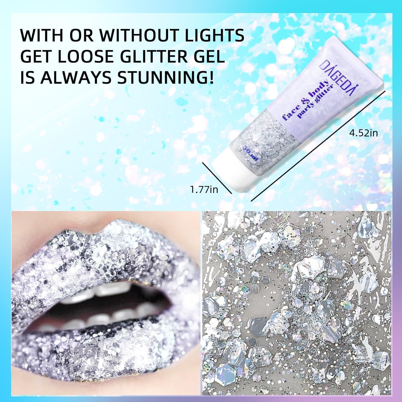 Prreal Body Glitter Gel 50ml, Face Glitters Body Gel Sequins Shimmer Liquid Eyeshadow, Chunky Glitter for Face Hair Nails, Holographic Cosmetic Laser Powder Festival Glitter Makeup(05 Silver)