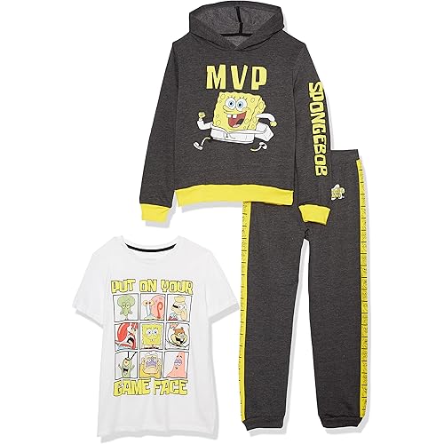 Nickelodeon boys Spongebob Squarepants Graphic Hoodie, T-shirt, & Jogger Sweatpant, 3-piece Athleisure Outfit Bundle Set - Boys 4-20