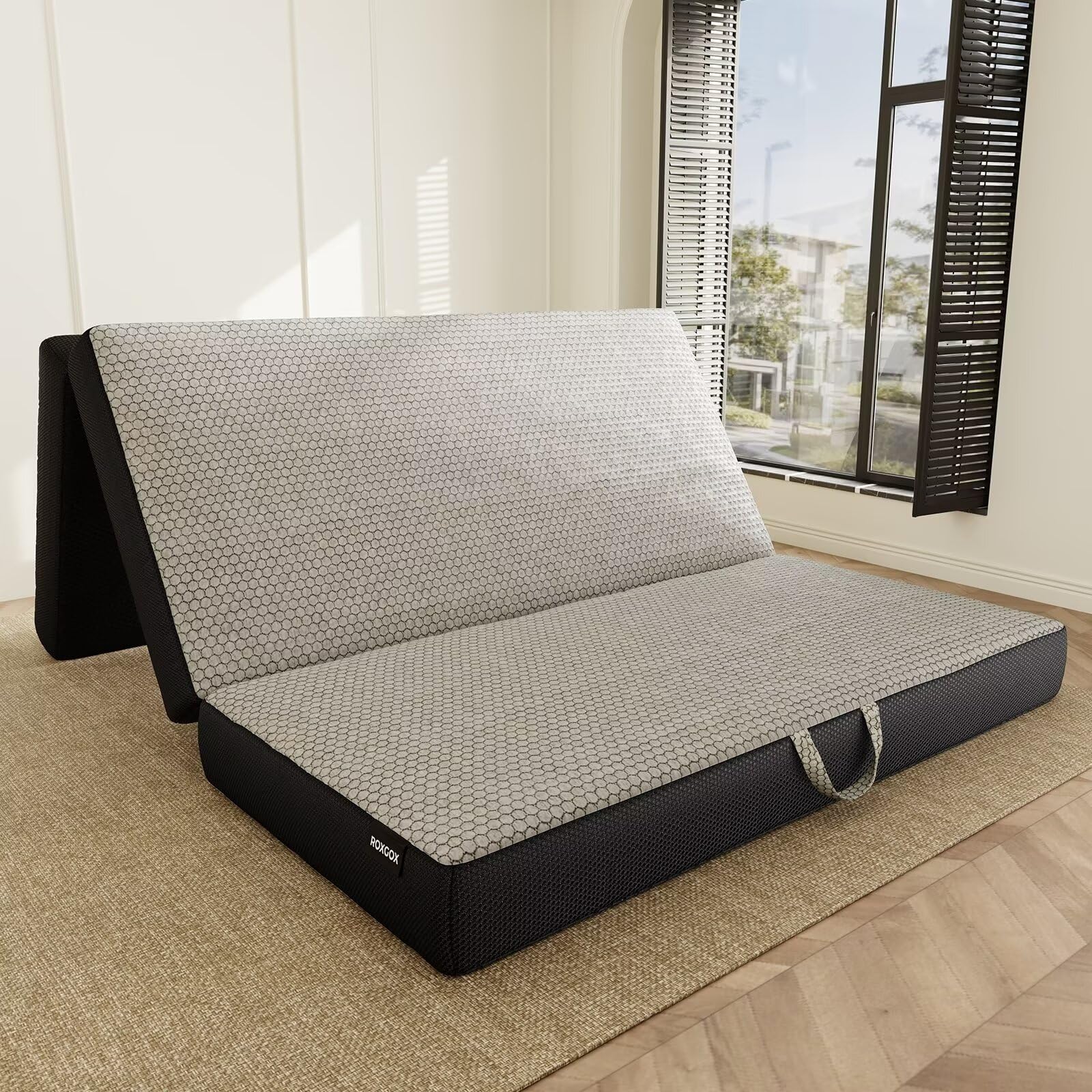 memory foam trifold mattress, queen portable floor bed 6 inch, foldable mat with washable cover, handle & non-slip bottom, for rv, travel, camping, yoga, 78"x58"x6", grey