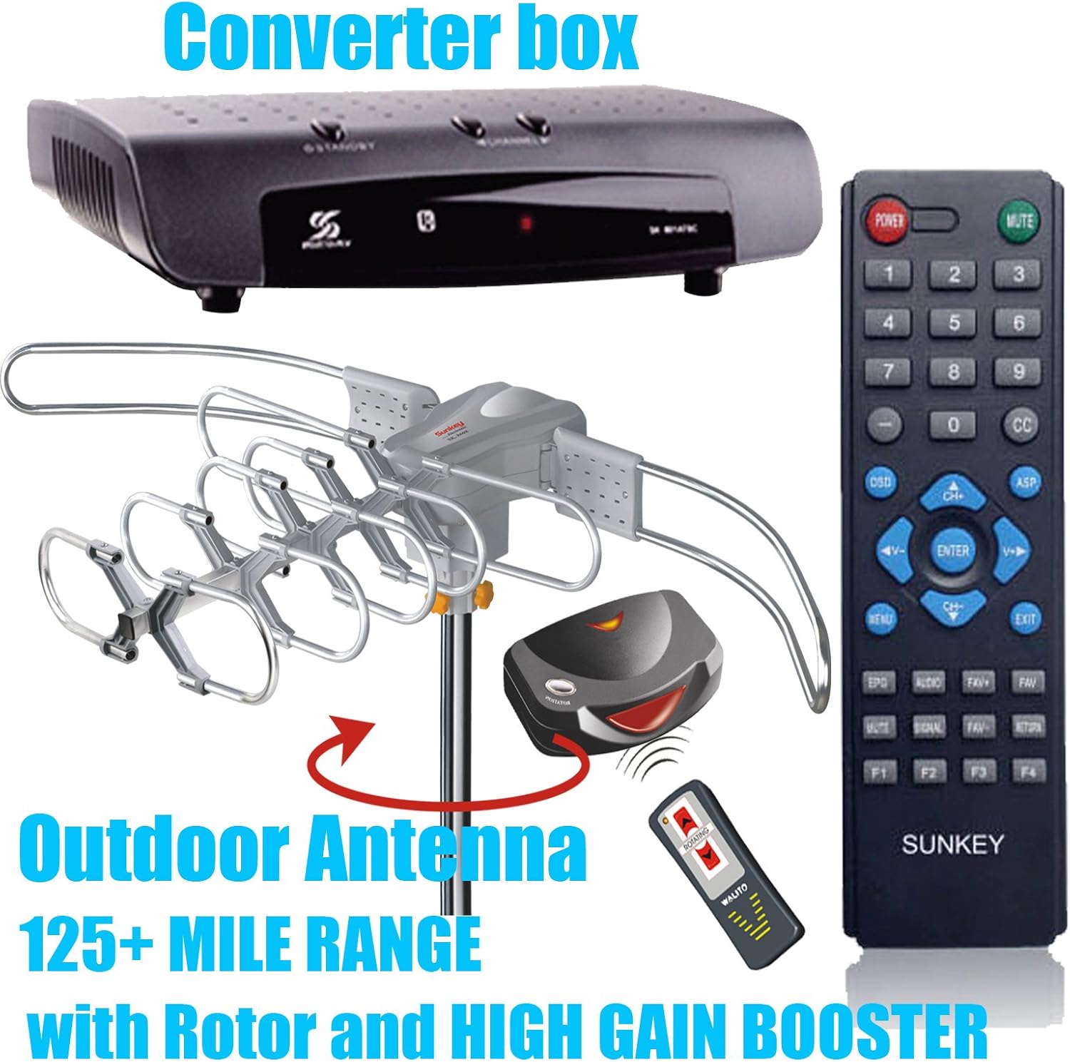 Combo 3 Sunkey Digital Atsc Converter Box+outdoor Antenna 8608 with Rotor and