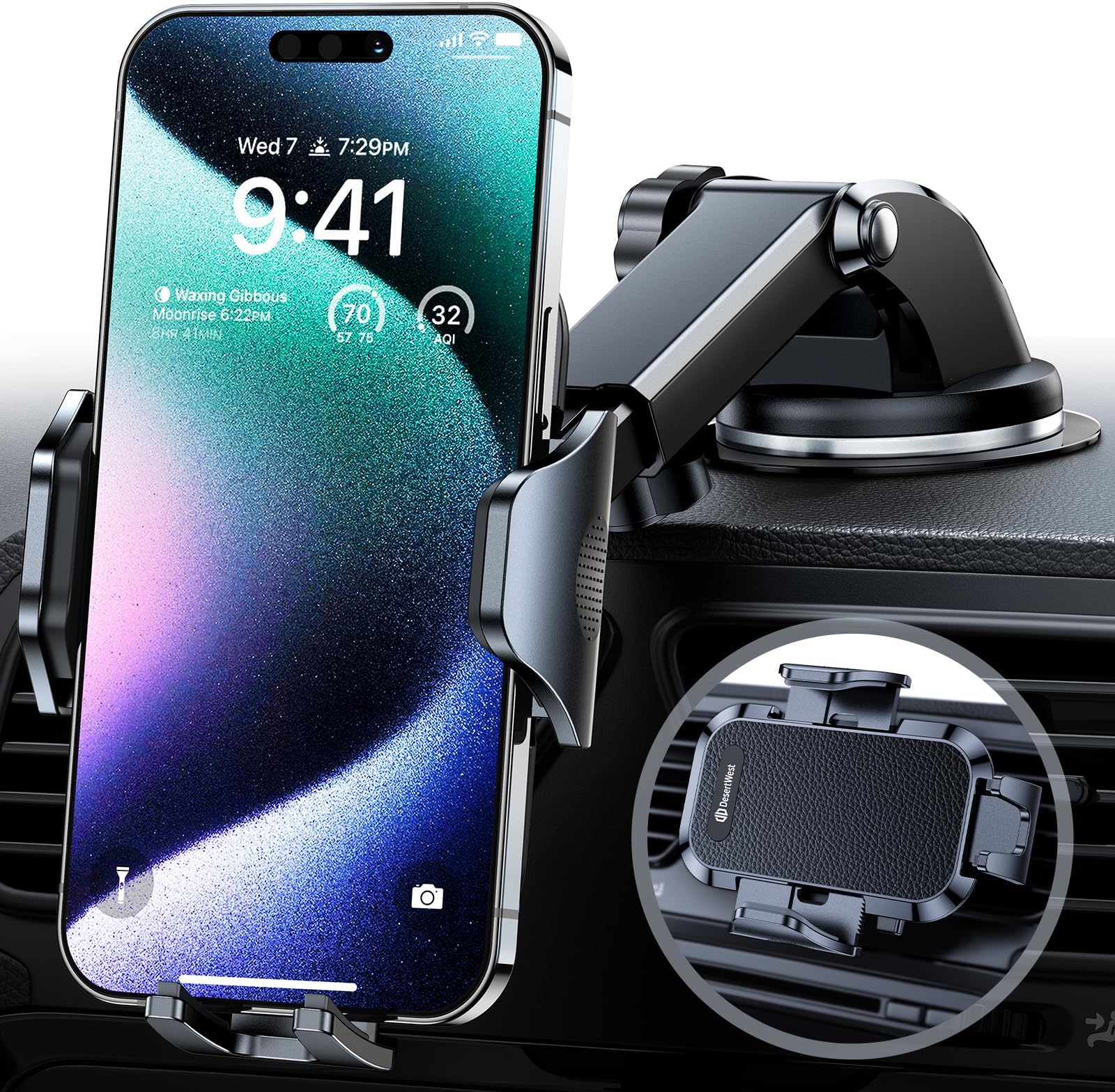 DesertWest [2024 Flagship Car Phone Holder Mount,Universal Cell Phone Holder Car Dashboard Windshield Air Vent Compatible with iPhone 15 Pro Max 14 13 12 11 X XS 8 7, Galaxy S23 S22 All Phones