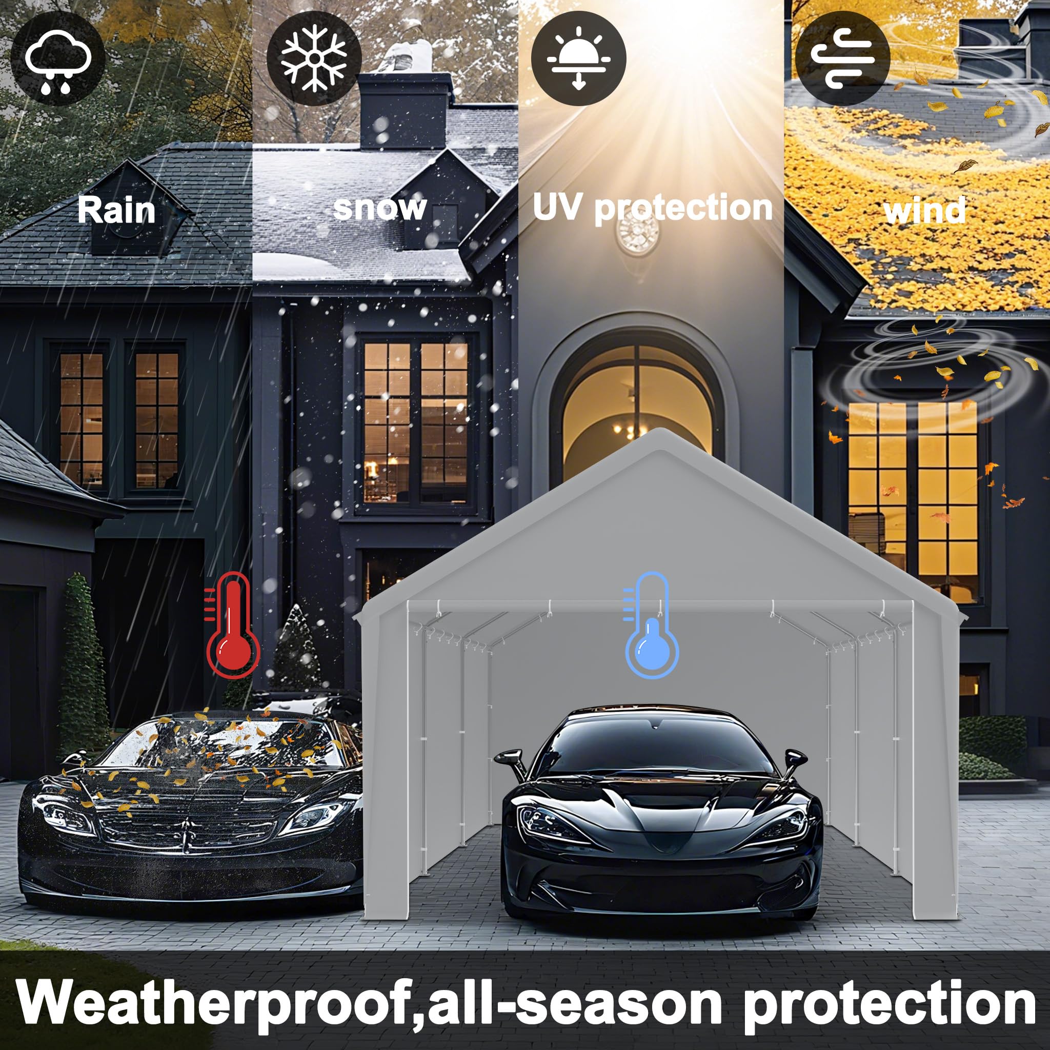 HENGMEI Zeltgarage Große Carport Garagenzelt Autoüberdachung Garagenüberdachung Lagerzelt UV-beständig Wasserdicht Unterstand mit Roll-up-Fenster (4x6 m, Grau)