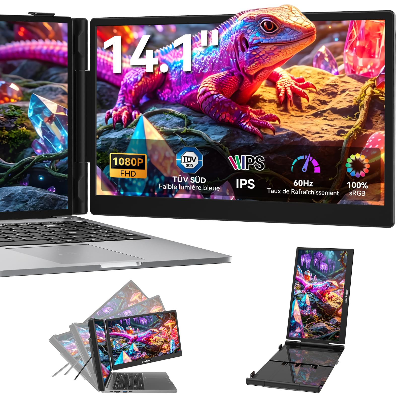 Blackview SCM5 Moniteur Portable 14,1", Ultra Fine FHD 1920P Certifié TÜV Écran Portable pour Ordinateur, 13,3"-17,3", Plug & Play Compatible avec Mac, Windows, Chrome, Android