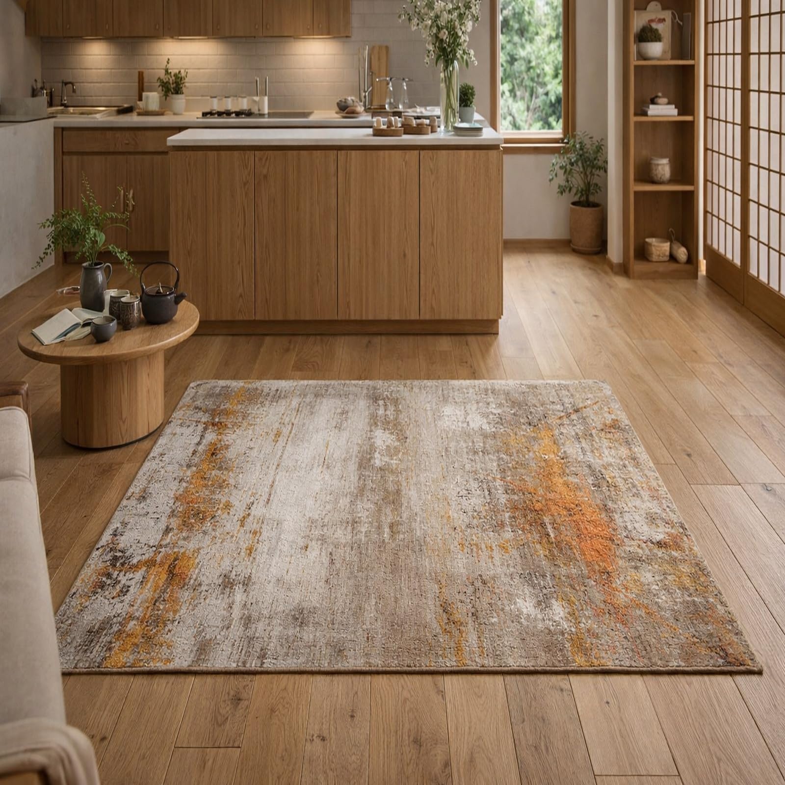 Tapis carré 150x150 cm abstrait vintage gris et orange lavable