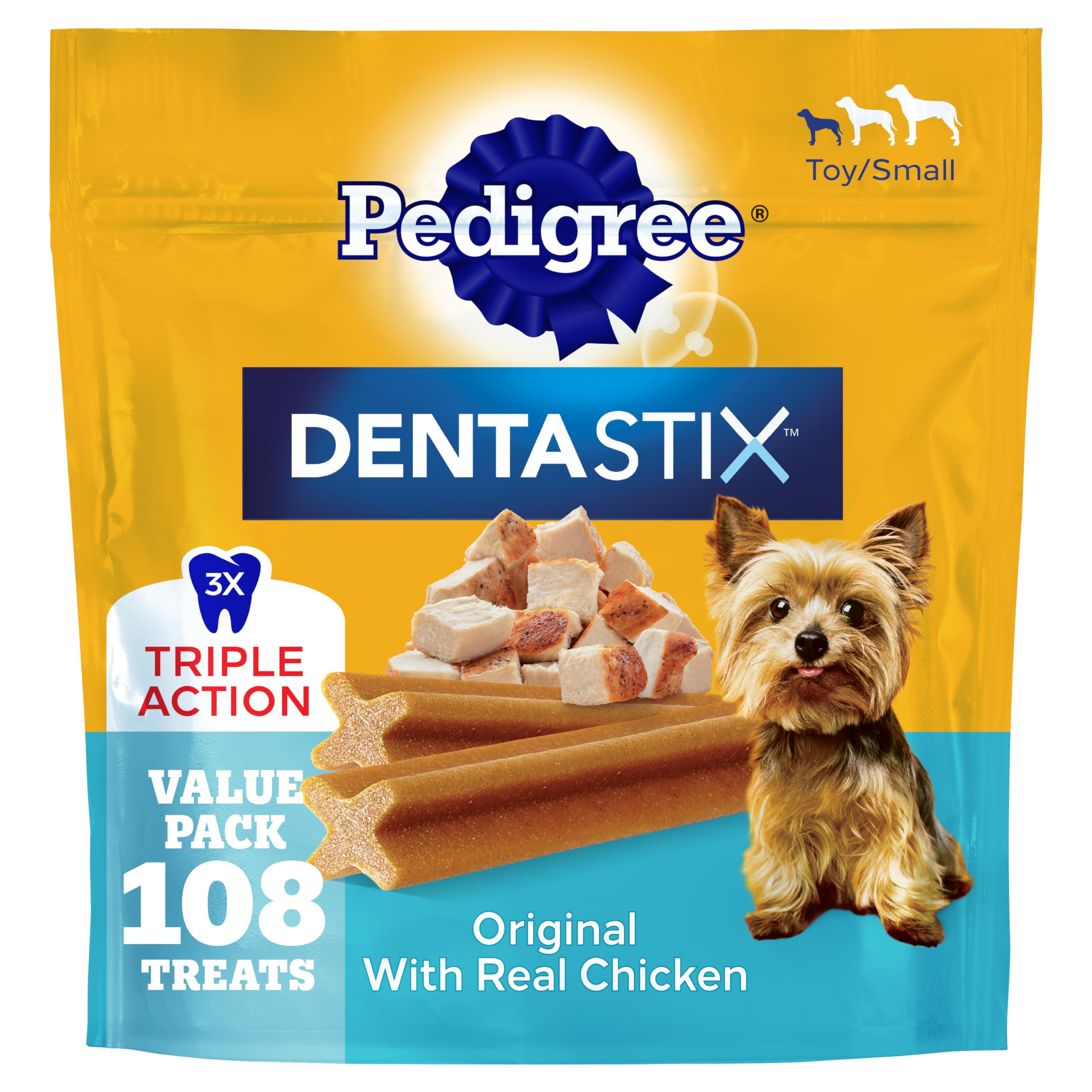 Pedigree Dentastix Dental Chews for Dogs, Small and Toy Breed Dog Treats, Original with Real Chicken, 1.63 lb. Bag (108 Treats Total)