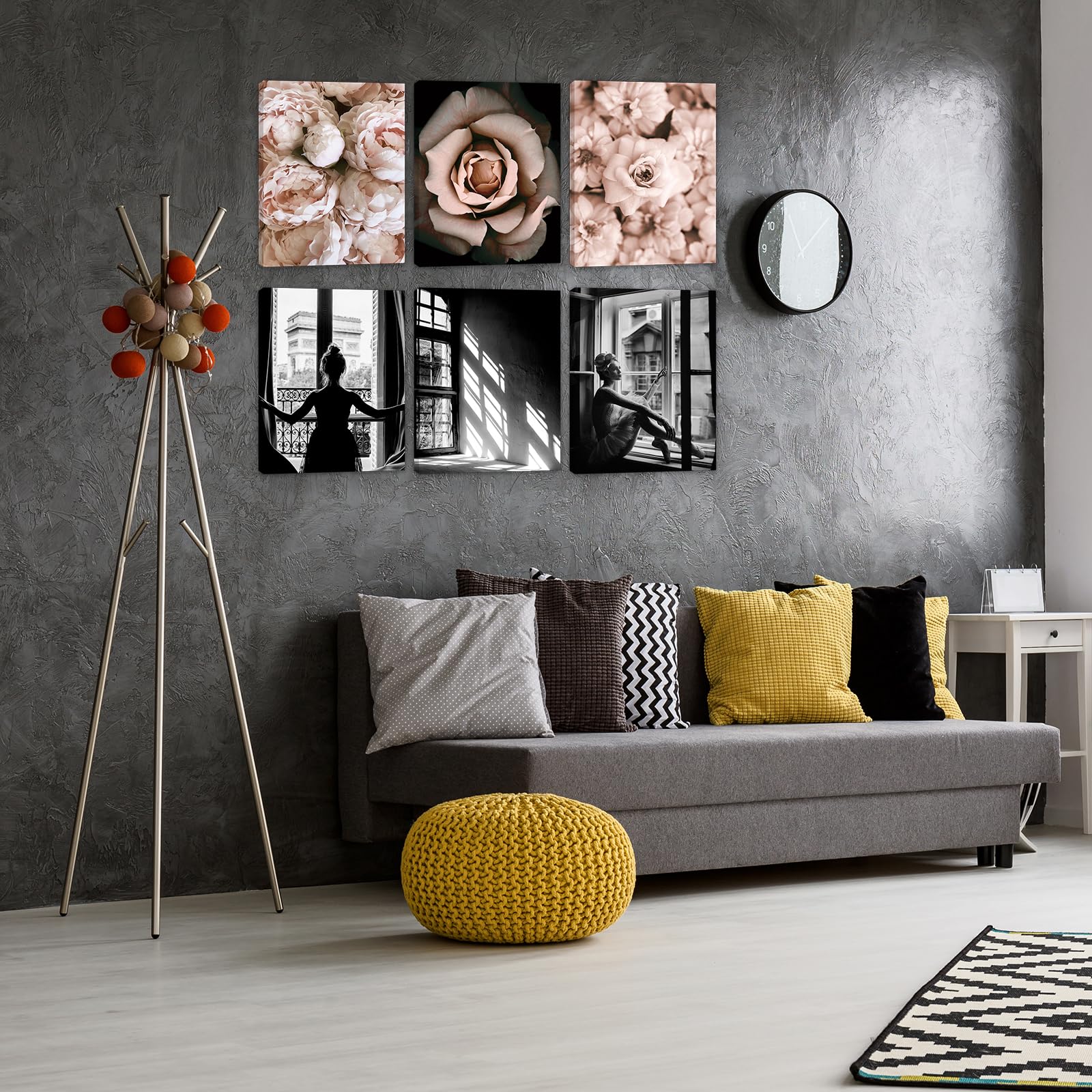 Framed Fashion Wall Art Prints Set of 6 Black and White Vintage Art with WOODEN FRAME INSIDE Pink Rose Flower Floral Trendy Poster Canvas Prints for Bathroom Bedroom Wall Decor (11"x14" FRAME)