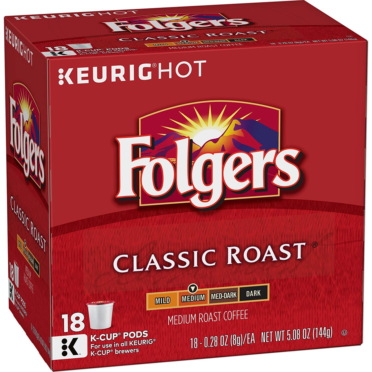 Folgers Classic Roast Coffee, Medium Roast Coffee, K Cup Pods for Keurig Coffee Makers, 72 Count, 18 Count (Pack of 4)
