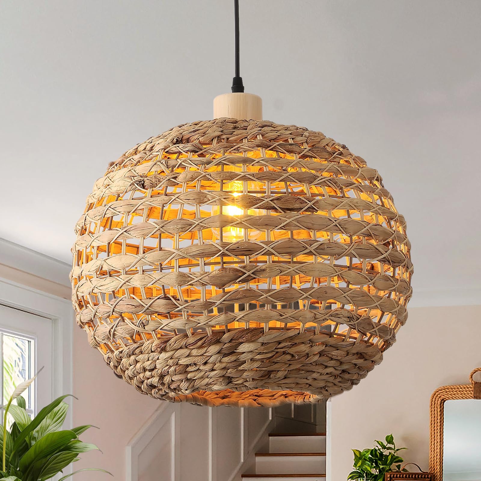 Schindora Boho Pendant Lights Kitchen Island Seagrass Weaving Lamp Shade Fixture for Dining Room 40Cm Hand-Woven Light Shade Weaving Hanging Ceiling Light for Restaurant Living Room Bedroom