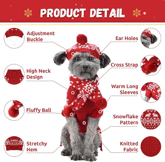 ABRRLO Dog Christmas Outfit 3 PCS Set Pet Xmas Sweater Hat Scarf Snowflake Christmas Dog Cat Sweaters Costume Winter Warm Small Dogs Clothes New Year Holiday Puppy Clothing (Scarf + Hat + Sweater,L)