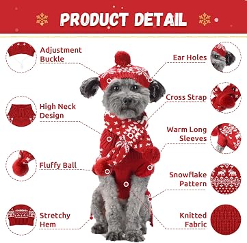 ABRRLO Dog Christmas Outfit 3 PCS Set Pet Xmas Sweater Hat Scarf Snowflake Christmas Dog Cat Sweaters Costume Winter Warm Small Dogs Clothes New Year Holiday Puppy Clothing (Scarf + Hat + Sweater,L)