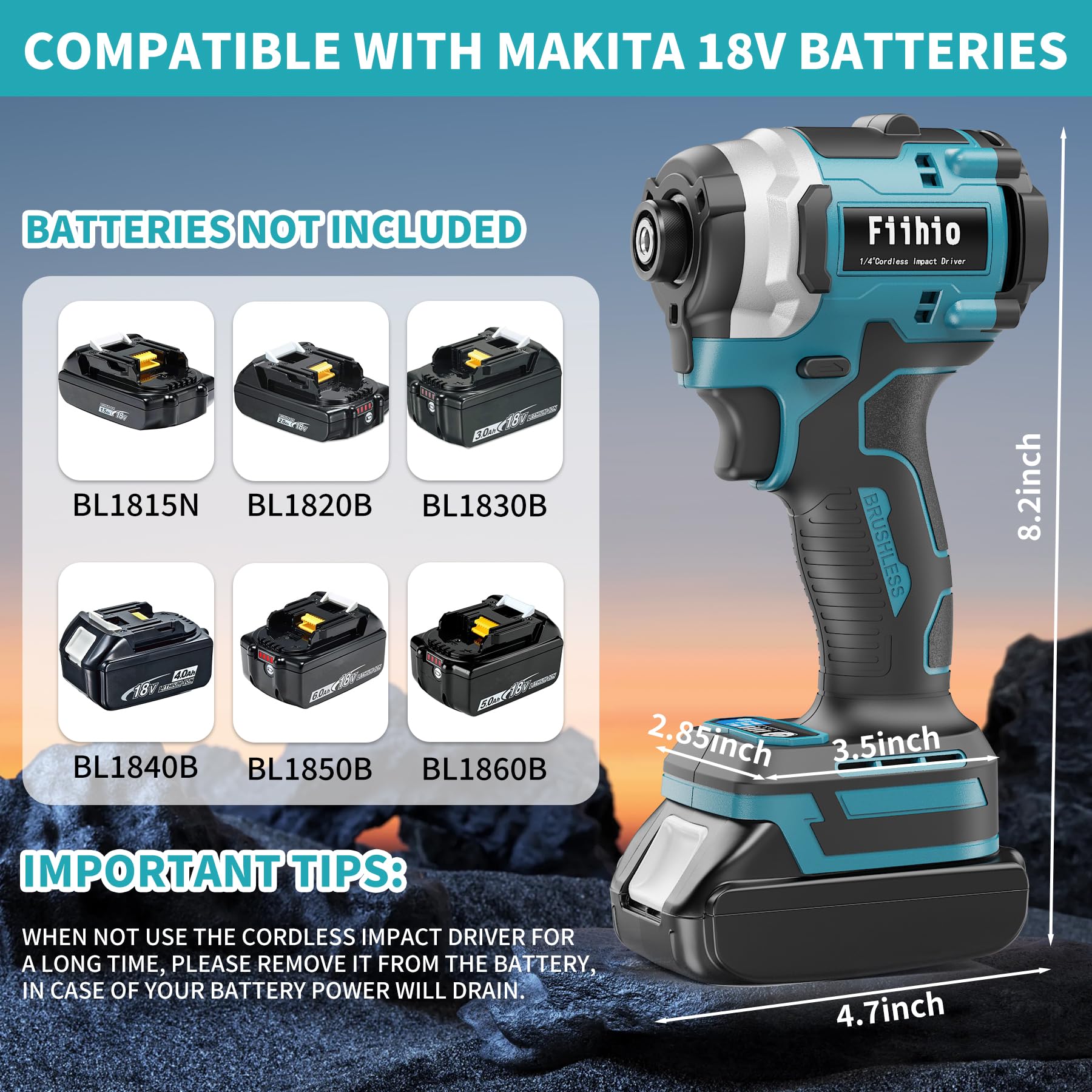 Atornillador de impacto inalámbrico compatible con batería Makita de 18 V, destornillador de impacto hexagonal de 1/4 pulgadas de 2800 pulgadas en libras, herramienta compacta de 4 velocidades